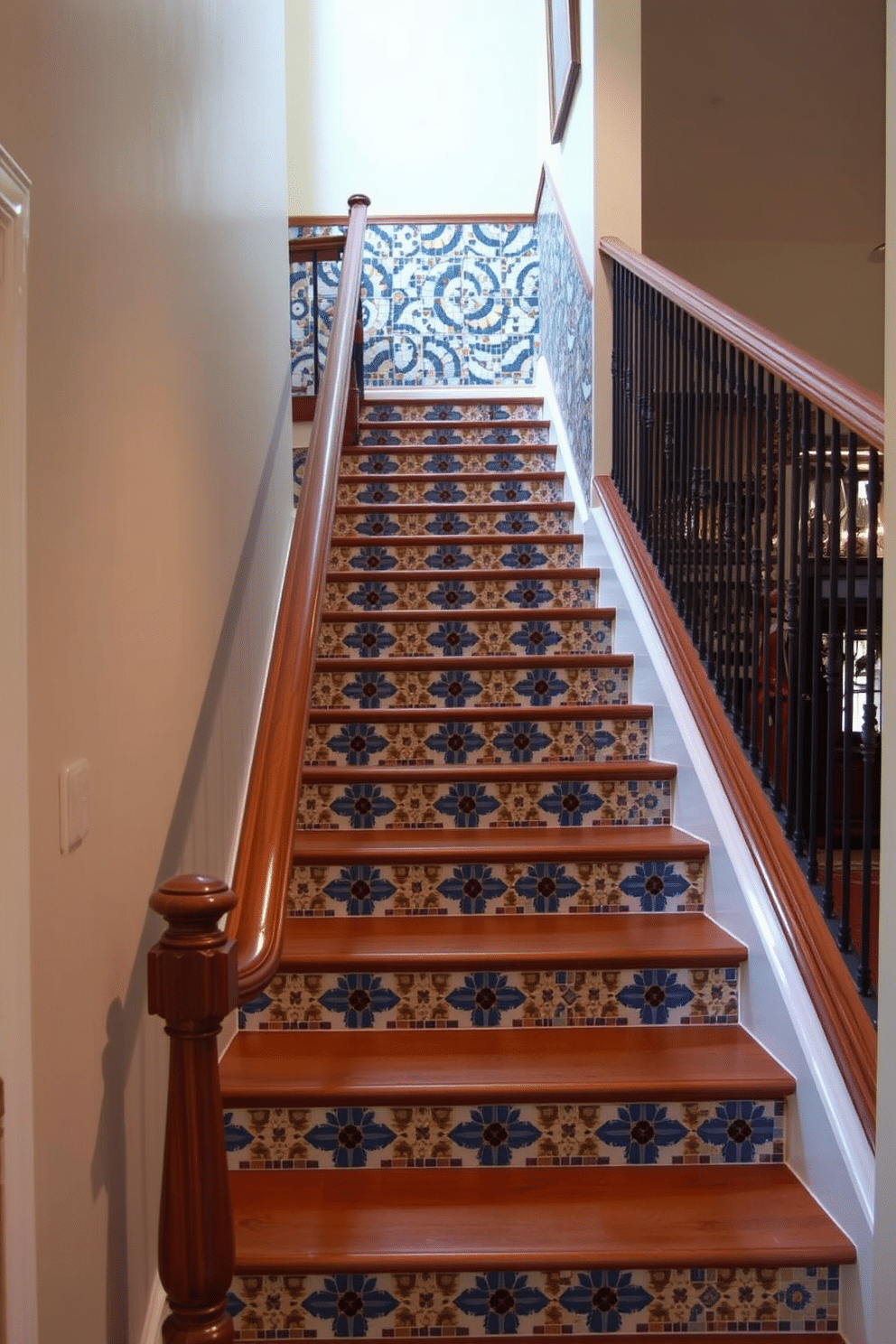 A stunning staircase features a vibrant mosaic tile design that flows seamlessly from the entryway to the upper level. The intricate patterns showcase a blend of colors, creating a striking visual impact that draws the eye upward. The handrail is crafted from polished wood, adding warmth and elegance to the space. Soft lighting illuminates the staircase, highlighting the artistry of the mosaic tiles while creating a welcoming ambiance.