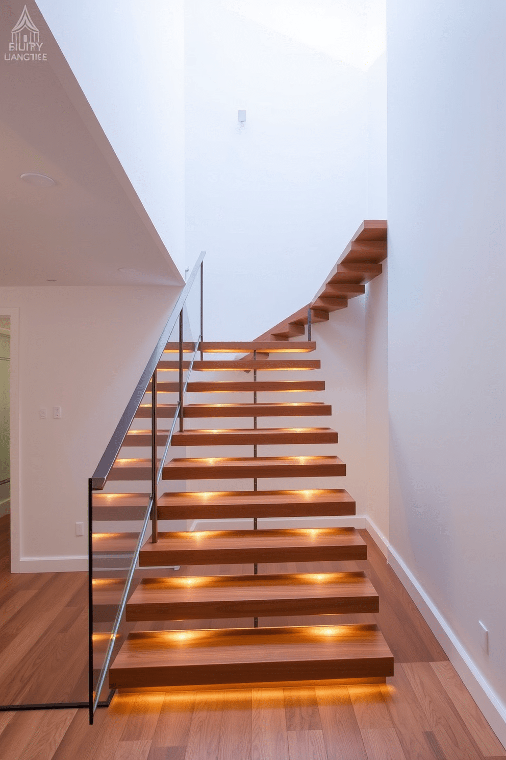 A striking floating staircase with cantilevered steps elegantly ascends to the upper level, creating an open and airy feel in the space. The steps are made of rich hardwood, seamlessly blending with the surrounding walls, which are painted in a soft, neutral tone. Beneath the staircase, a minimalist design features a sleek, modern railing made of glass and metal, enhancing the contemporary aesthetic. Warm LED lighting is integrated into the steps, casting a soft glow that highlights the craftsmanship and adds a dramatic effect to the overall design.