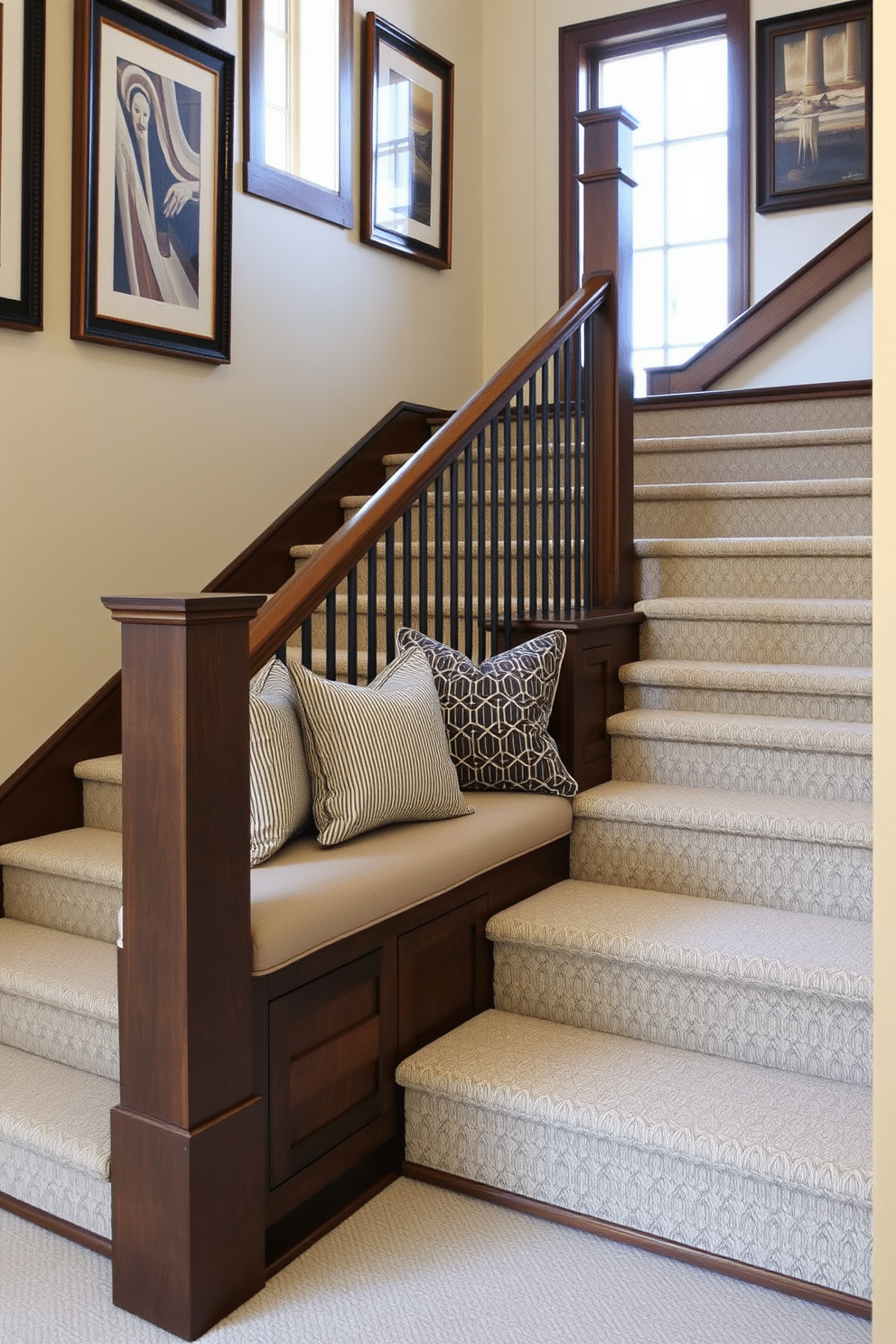 A stylish staircase features a built-in bench seat, elegantly integrated into the design. The bench is upholstered in a soft, neutral fabric with decorative throw pillows, providing a cozy spot to sit and enjoy the view. The staircase itself boasts a sleek wooden railing and open risers, allowing light to flow through the space. The walls are adorned with framed artwork, enhancing the aesthetic appeal and creating a welcoming atmosphere.