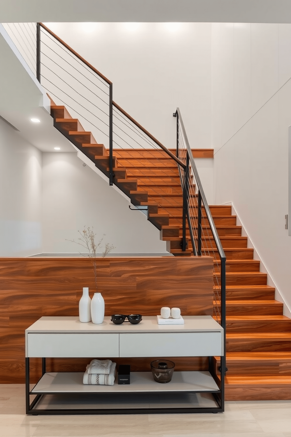 A stunning staircase design featuring a combination of rich wooden treads and sleek metal railings. The warm tones of the wood contrast beautifully with the cool, industrial feel of the metal, creating a striking focal point in the space. The staircase is illuminated by soft, recessed lighting that highlights the grain of the wood and the shine of the metal. Below, a minimalist console table complements the design, adorned with decorative items that enhance the overall aesthetic.