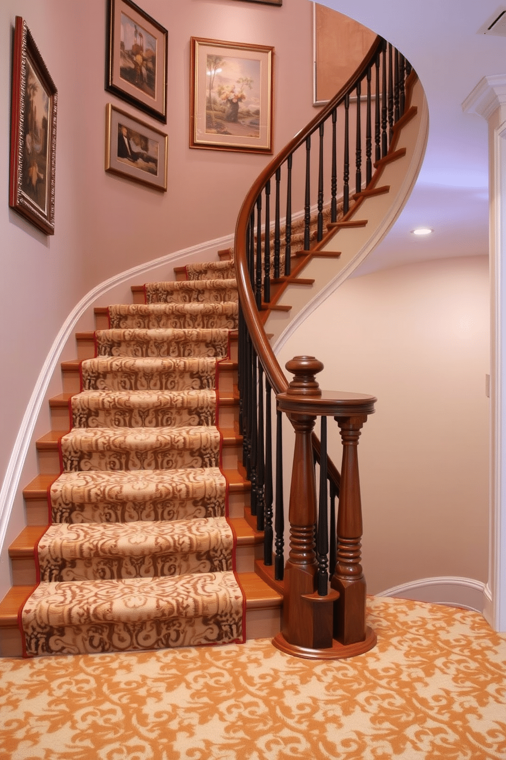 A stunning staircase features a luxurious patterned carpet runner that adds warmth and texture to the space. The elegant wooden banister complements the intricate design of the runner, creating a cohesive and inviting atmosphere. The walls are adorned with tasteful artwork that enhances the staircase's visual appeal. Soft, ambient lighting highlights the curves of the staircase, making it a striking focal point in the home.