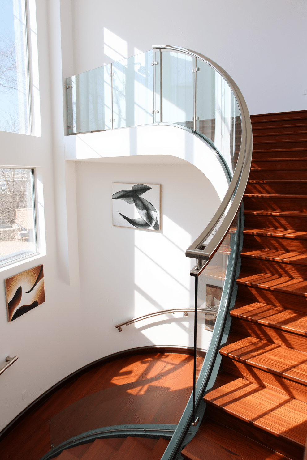 A striking architectural staircase features a sweeping design with a unique handrail crafted from polished metal and glass. The steps are made of rich hardwood, contrasting beautifully with the sleek modern aesthetic of the surrounding space. Natural light floods the area through large windows, casting interesting shadows on the staircase. The walls are adorned with minimalist artwork, enhancing the elegance of the staircase while maintaining a clean and open feel.