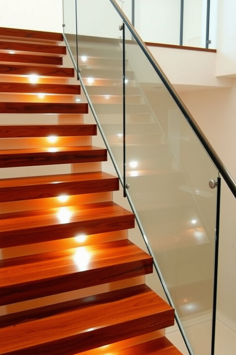 Floating wooden steps with LED lighting create a stunning visual impact in any home. The steps, crafted from rich, dark wood, seem to hover above a sleek glass railing that enhances the modern aesthetic. Beneath each step, soft LED lights illuminate the space, casting a warm glow that emphasizes the beauty of the wood. The surrounding walls are painted in a light, neutral color to provide a striking contrast and enhance the overall elegance of the staircase.