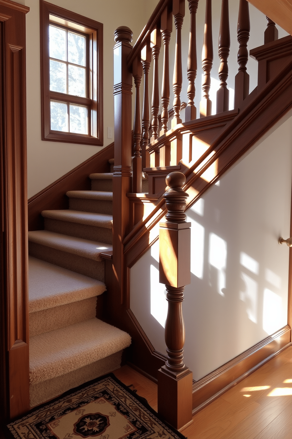 A vintage-style staircase features intricately carved wooden spindles that add a touch of elegance and charm. The warm, rich tones of the wood contrast beautifully with the soft, neutral walls, creating a welcoming atmosphere. At the base of the staircase, a plush runner in a classic pattern enhances the vintage appeal while providing comfort underfoot. Natural light filters through a nearby window, casting gentle shadows that highlight the staircase's ornate details.