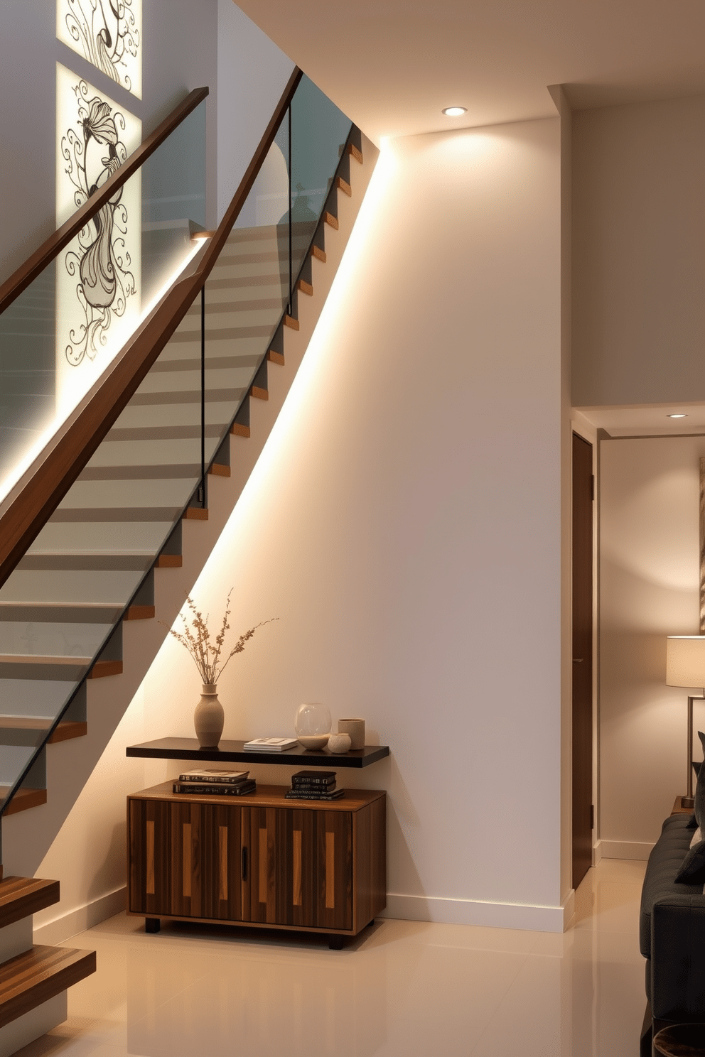 A stunning staircase design features a sleek, modern structure with wooden steps that seamlessly blend into a glass railing. The wall adjacent to the staircase is adorned with backlit wall art, casting a warm glow and highlighting the intricate details of the artwork. The stairway is framed by soft, ambient lighting that enhances the overall elegance of the space. Below the staircase, a minimalist console table holds decorative items, creating a functional yet stylish area that complements the artistic backdrop.