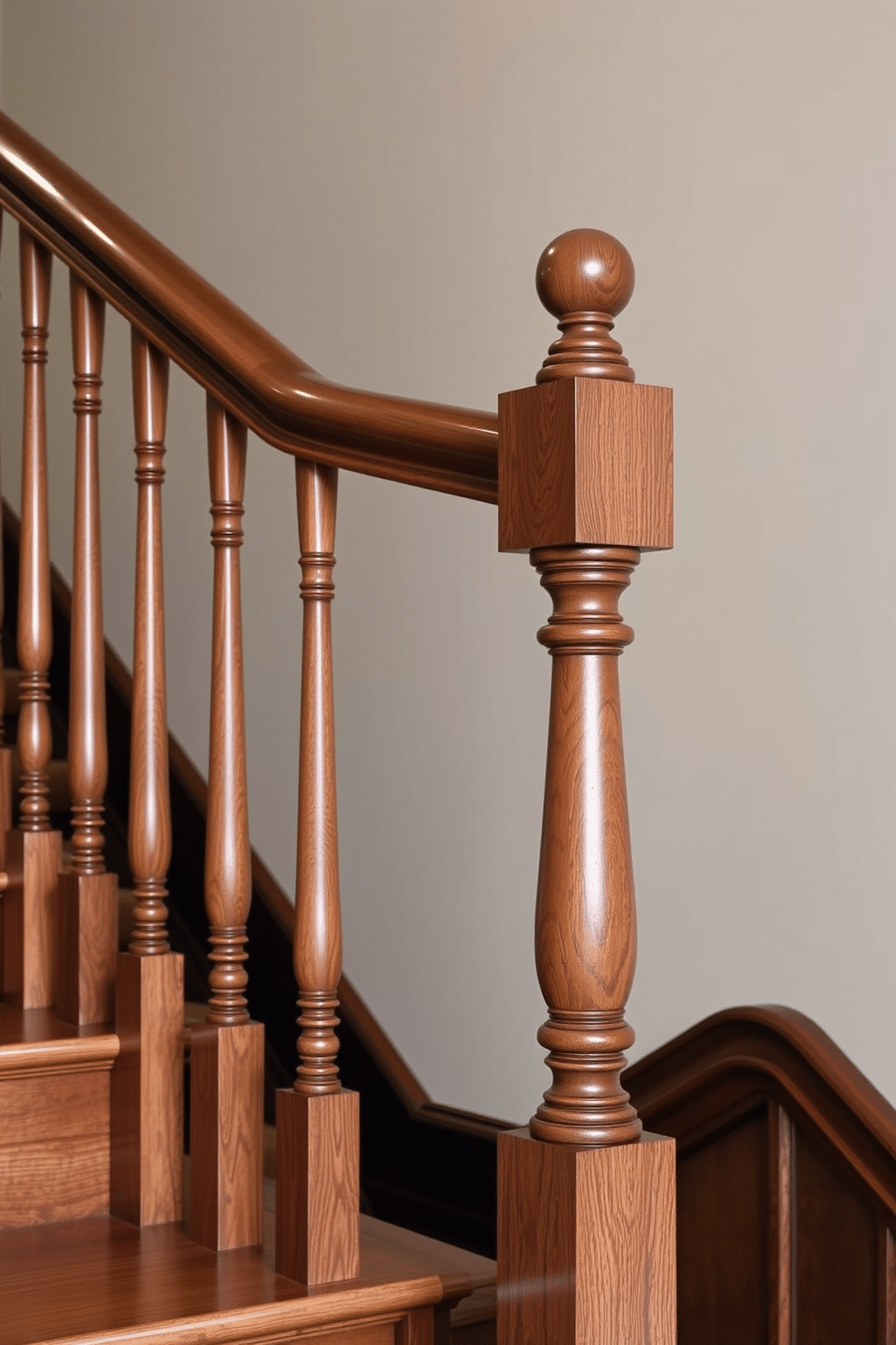 A classic wooden staircase with elegant newel posts, showcasing intricate carvings and a polished finish. The balustrade features slender spindles that complement the staircase's rich wood tones, creating a timeless focal point in the entryway.