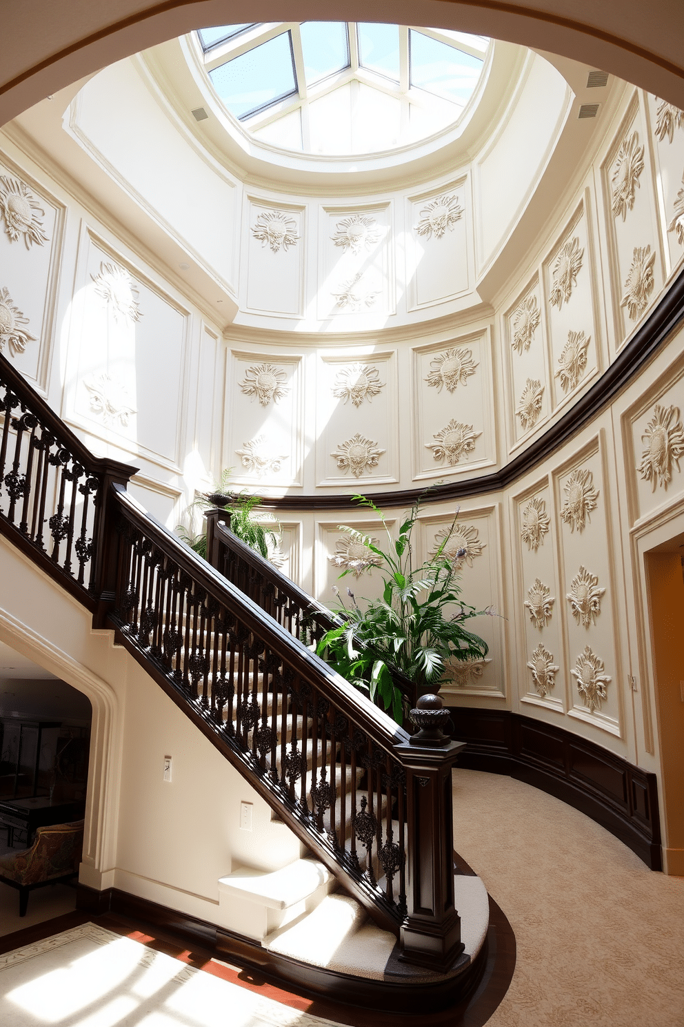 A grand staircase with intricate decorative wall paneling that showcases a blend of classic and contemporary styles. The staircase features a dark wood railing and a plush runner that adds warmth, while the wall paneling is painted in a soft cream color, enhancing the elegance of the space. Natural light floods the area through a large skylight above, illuminating the detailed craftsmanship of the staircase. Potted greenery is strategically placed along the landing, bringing a touch of nature indoors and creating a welcoming atmosphere.