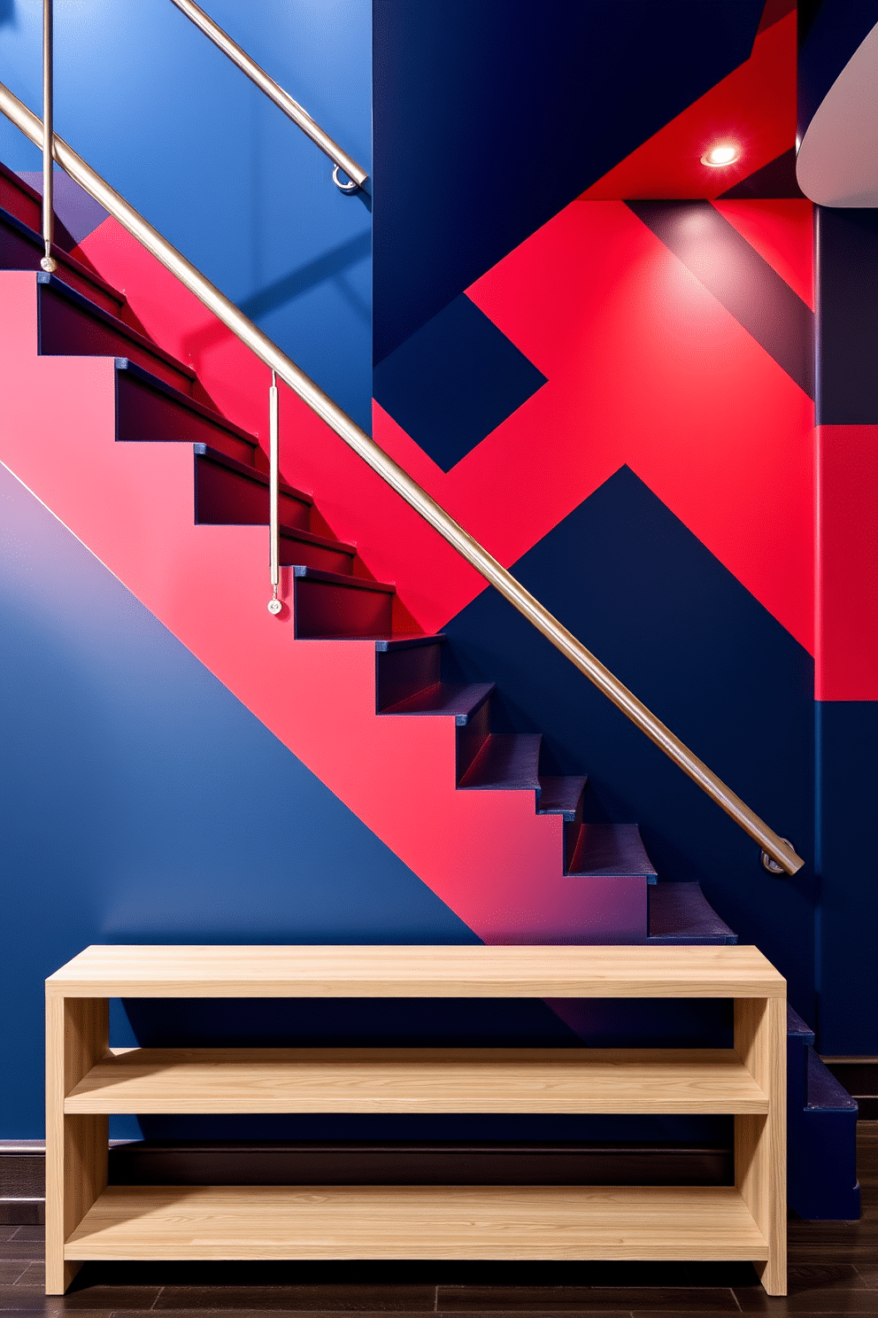 A striking geometric staircase features bold, contrasting colors that create a dynamic visual impact. The steps alternate between deep navy blue and bright coral, while the handrail showcases a sleek metallic finish that complements the overall design. The staircase is illuminated by recessed lighting that highlights its unique angles and shapes. Below, a minimalist console table in a light wood finish adds a functional yet stylish touch to the space.