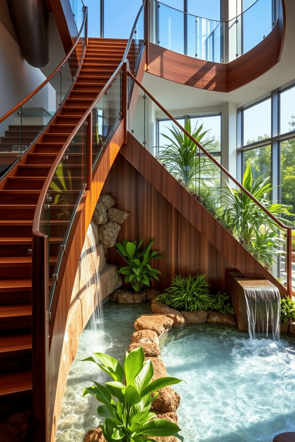 A stunning staircase design featuring a cascading waterfall that flows gracefully alongside the steps. The staircase is constructed from rich mahogany wood, with sleek glass railings that enhance the modern aesthetic. Natural light floods the space, illuminating the water feature and creating a serene ambiance. Lush greenery is strategically placed around the waterfall, adding a touch of nature to the elegant design.