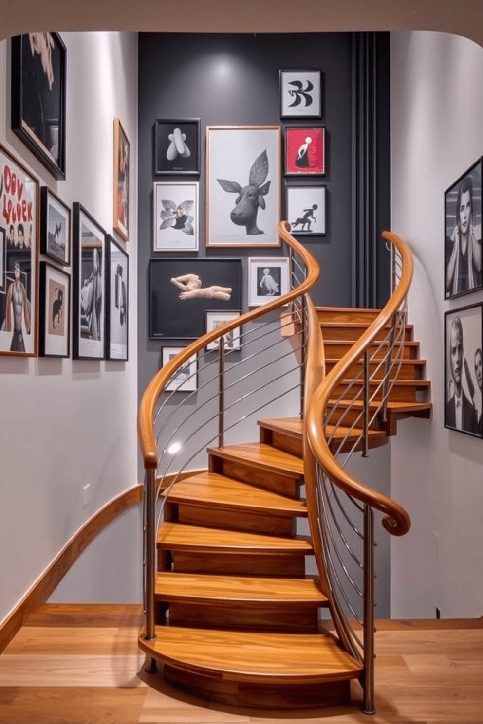 An artistic staircase featuring sculptural elements that seamlessly blend functionality with aesthetic appeal. The staircase is crafted from a combination of polished wood and sleek metal, showcasing an intricate design that captivates the eye. The handrail flows gracefully, echoing the curves of the staircase, while strategically placed lighting highlights its artistic features. Surrounding the staircase, a gallery wall adorned with contemporary art enhances the overall elegance of the space.