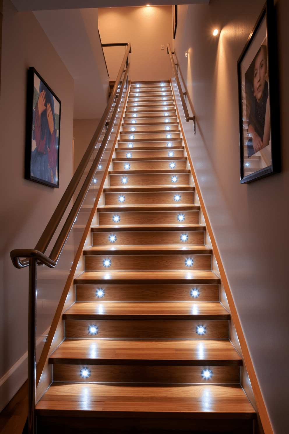 A stunning staircase featuring integrated lighting fixtures that illuminate the steps from beneath. The handrail is crafted from sleek metal, and the treads are made of rich hardwood, creating a warm and inviting atmosphere. The walls flanking the staircase are adorned with modern artwork, enhancing the overall aesthetic. Soft, ambient lighting highlights the architectural details, making the staircase a focal point of the home.