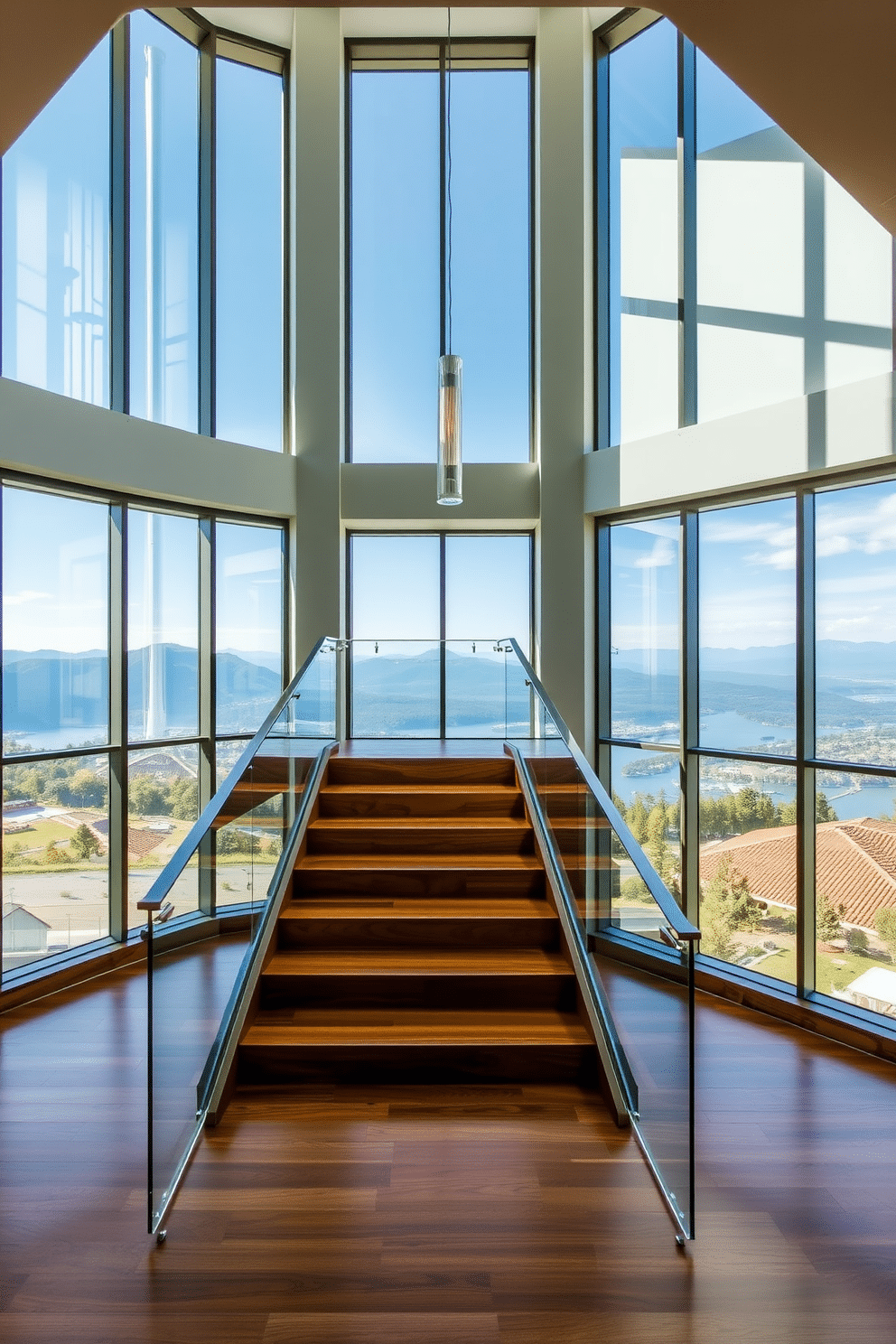 A stunning staircase with a sleek, modern design features a glass railing that allows for unobstructed views. Large panoramic windows flank the staircase, flooding the space with natural light and offering breathtaking views of the surrounding landscape. The staircase is crafted from rich hardwood, with each step elegantly designed to create a sense of openness. A minimalist pendant light hangs above, casting a warm glow and enhancing the contemporary aesthetic of the space.