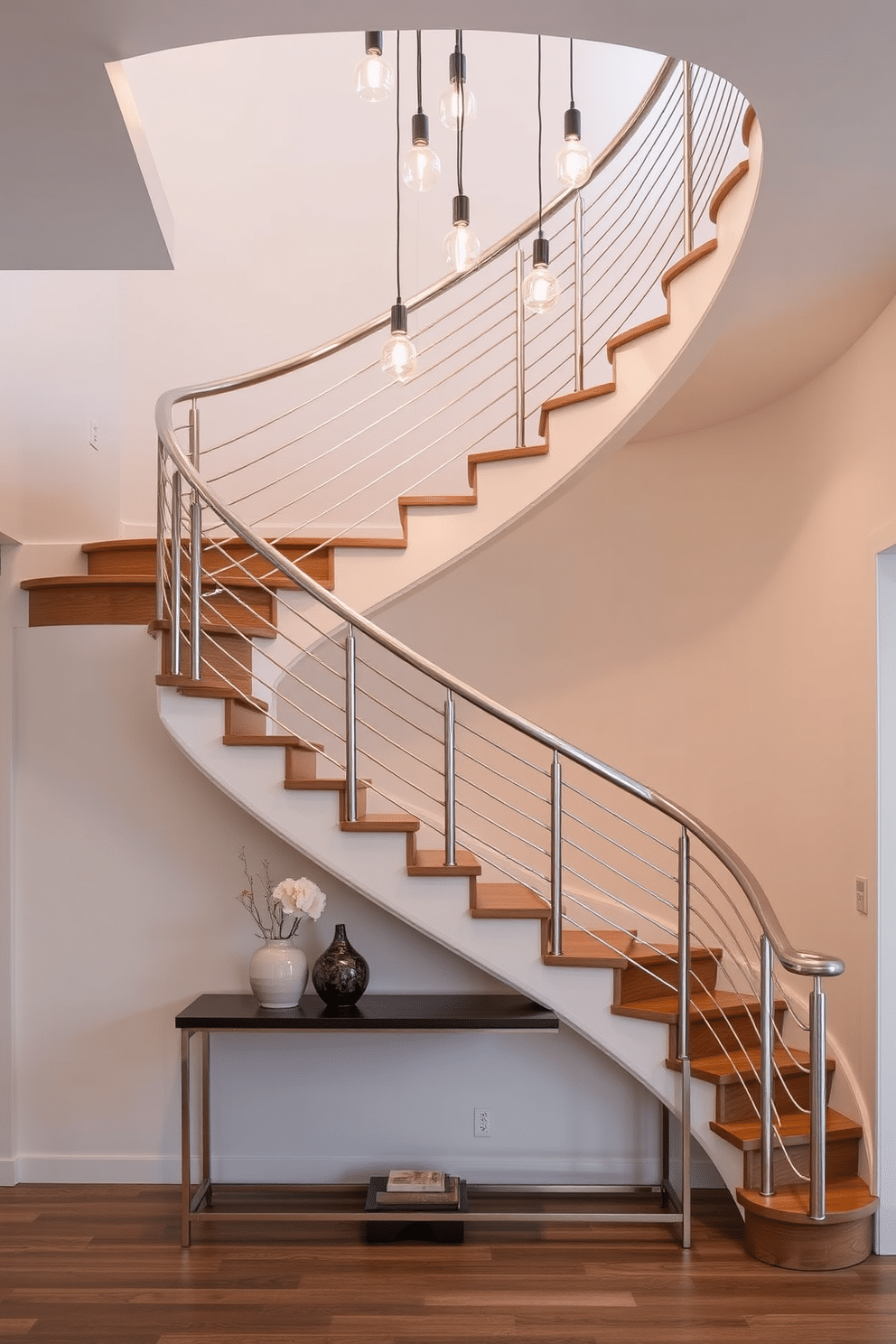 A stunning curved staircase gracefully ascends, featuring sleek metal railings that add a modern touch. The treads are crafted from rich hardwood, contrasting beautifully with the polished metal accents that catch the light. The staircase is illuminated by a series of pendant lights that hang from the ceiling, casting a warm glow on the elegant curves. Below, a minimalist console table complements the design, adorned with decorative objects that enhance the overall aesthetic.