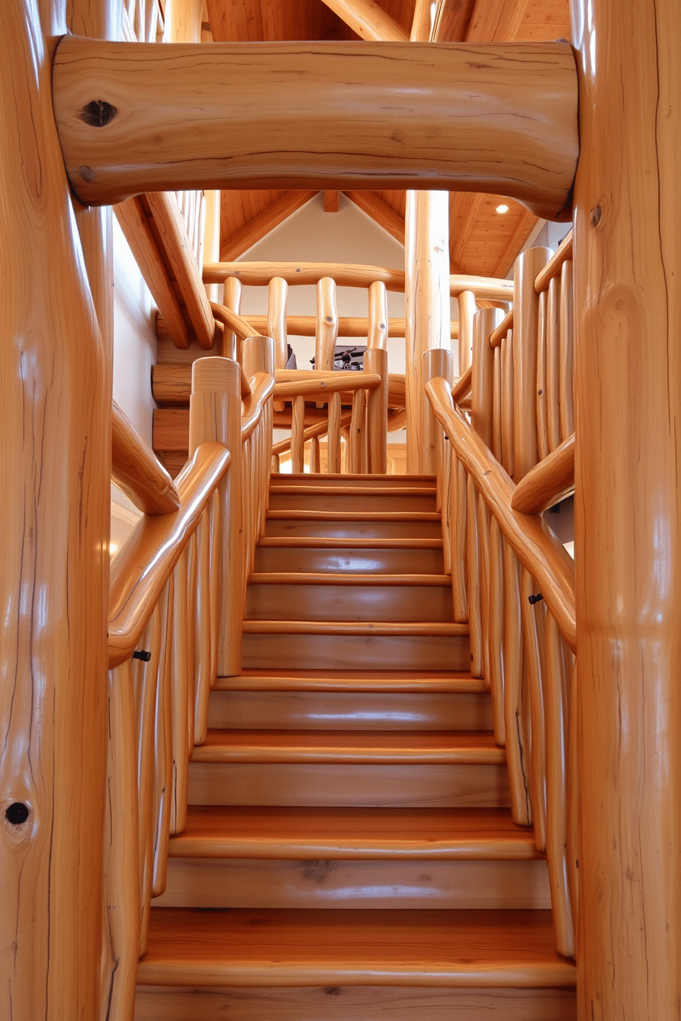 A rustic log staircase with a natural finish features sturdy wooden beams and handrails, showcasing the unique grain and texture of the logs. The steps are crafted from thick, polished timber, leading to a cozy loft space with warm lighting and natural accents.