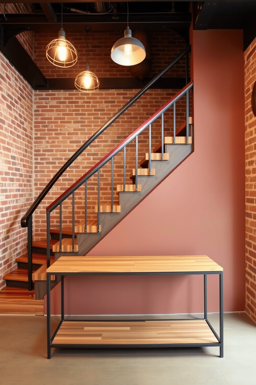 An industrial-style staircase featuring reclaimed wood steps and metal railings creates a striking focal point in the space. The warm tones of the wood contrast beautifully with the raw, exposed brick walls surrounding the staircase, enhancing the overall aesthetic. The staircase is illuminated by pendant lights that hang from the ceiling, casting a warm glow on the wooden surfaces. Below, a minimalist console table made of metal and wood complements the industrial theme, providing a functional yet stylish element to the entryway.