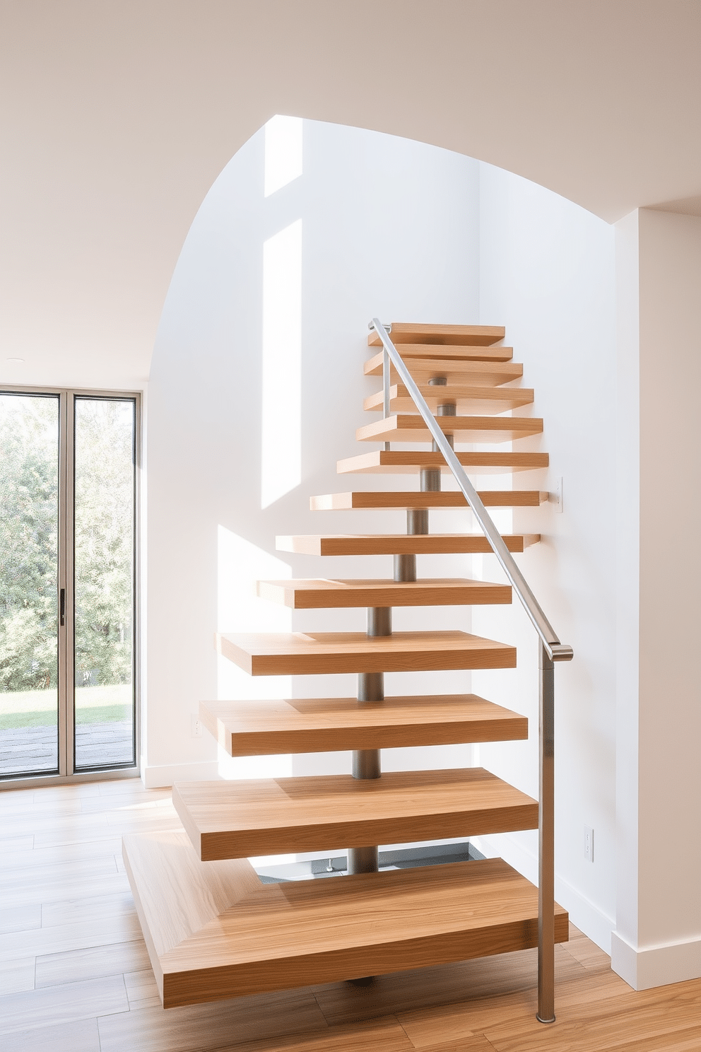 A minimalist staircase with sleek lines features a floating design that creates an illusion of space. The treads are made of light oak, while the handrail is a simple stainless steel, complementing the open concept of the surrounding area. The staircase is illuminated by recessed lighting, casting a soft glow that highlights its elegant structure. A large window nearby allows natural light to flood the space, enhancing the airy feel of the design.