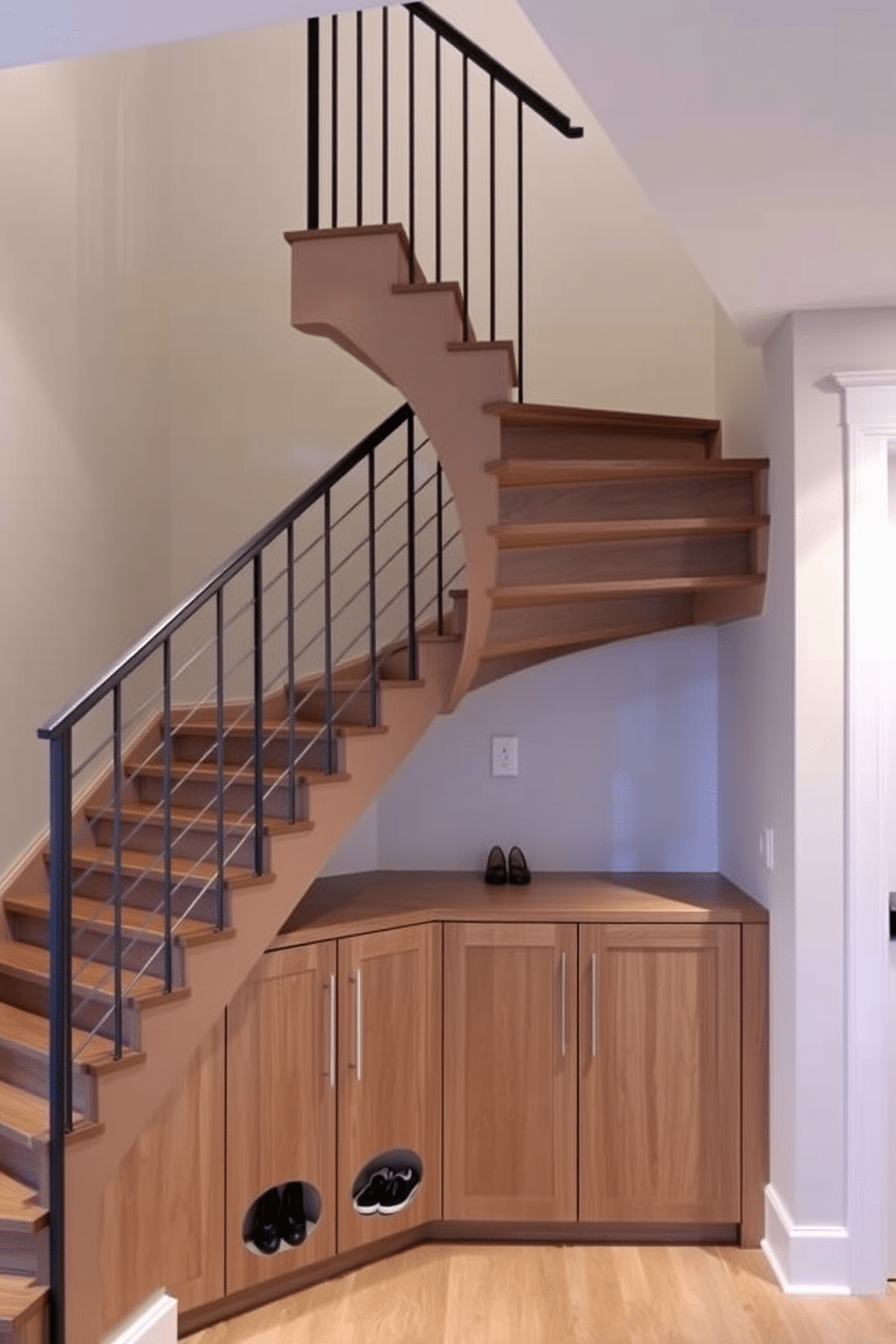 An elegant L-shaped staircase features sleek wooden treads and a minimalist metal railing, seamlessly blending functionality with style. Beneath the staircase, custom-built storage cabinets provide ample space for shoes and other belongings, maintaining a clutter-free entryway. The walls are adorned with soft, neutral tones, enhancing the staircase's modern aesthetic. Ambient lighting highlights the staircase's unique angles, creating a warm and inviting atmosphere in the home.