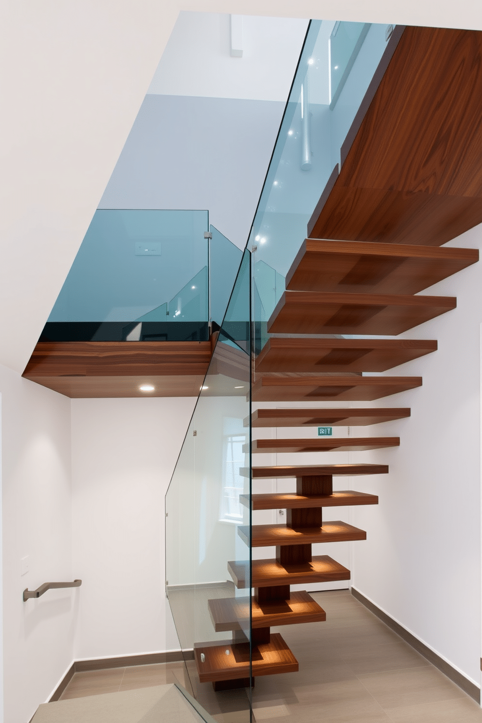 A striking modern staircase features bold geometric shapes, with a cantilevered design that creates a sense of floating. The treads are made of rich walnut wood, contrasting beautifully with the sleek glass railing that allows light to flow through the space. Illuminated by recessed lighting, the staircase becomes a focal point in the entryway, showcasing its unique angles and lines. The walls are painted in a crisp white, enhancing the staircase's dramatic presence and highlighting its contemporary aesthetic.