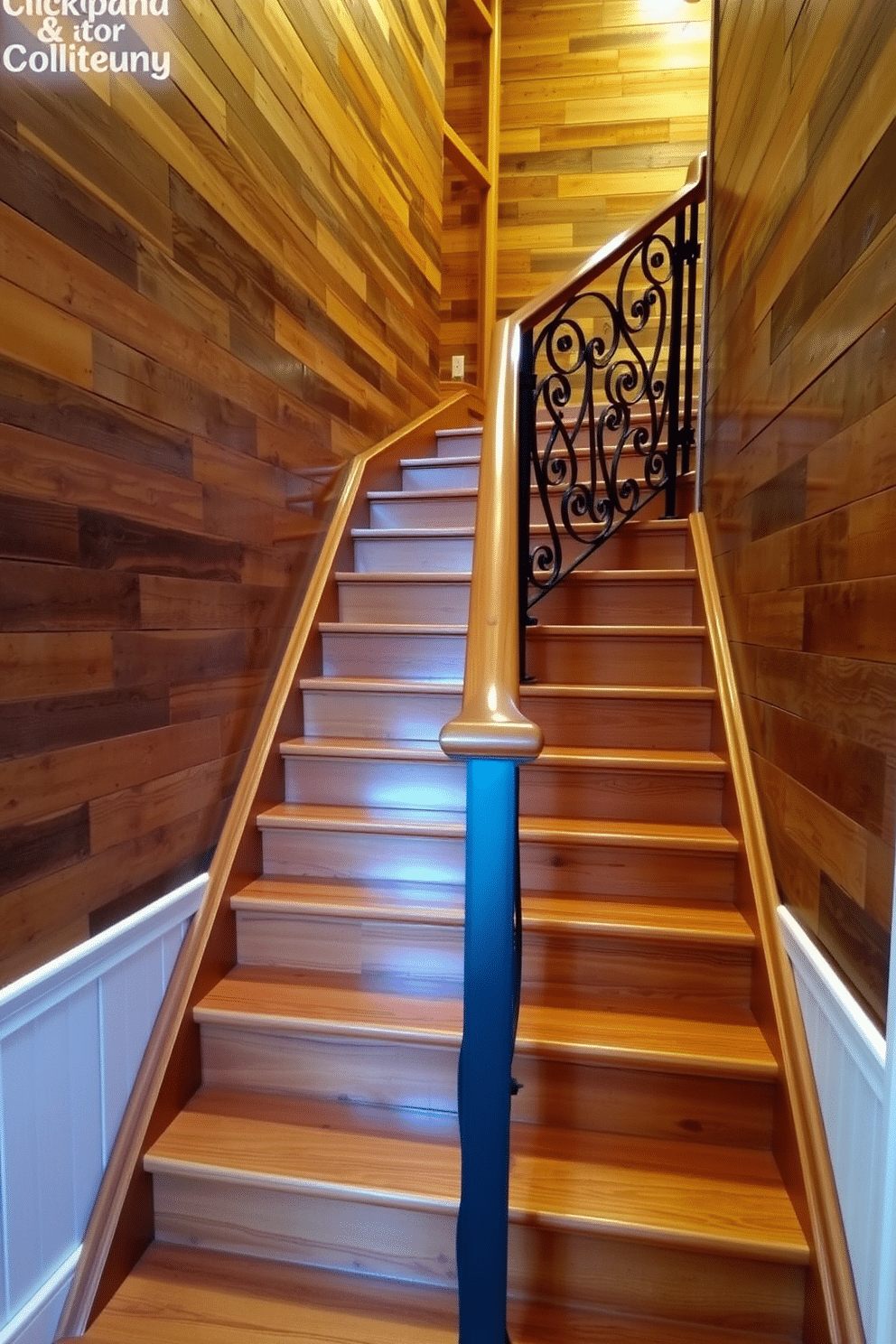 A rustic staircase features sturdy wooden treads and a warm, rich finish that enhances its natural grain. Wrought iron details elegantly intertwine along the banister, showcasing intricate patterns that add a touch of artistry to the overall design. The walls flanking the staircase are adorned with reclaimed wood paneling, creating a cozy and inviting atmosphere. Soft, ambient lighting illuminates the space, highlighting the textures and inviting guests to ascend.