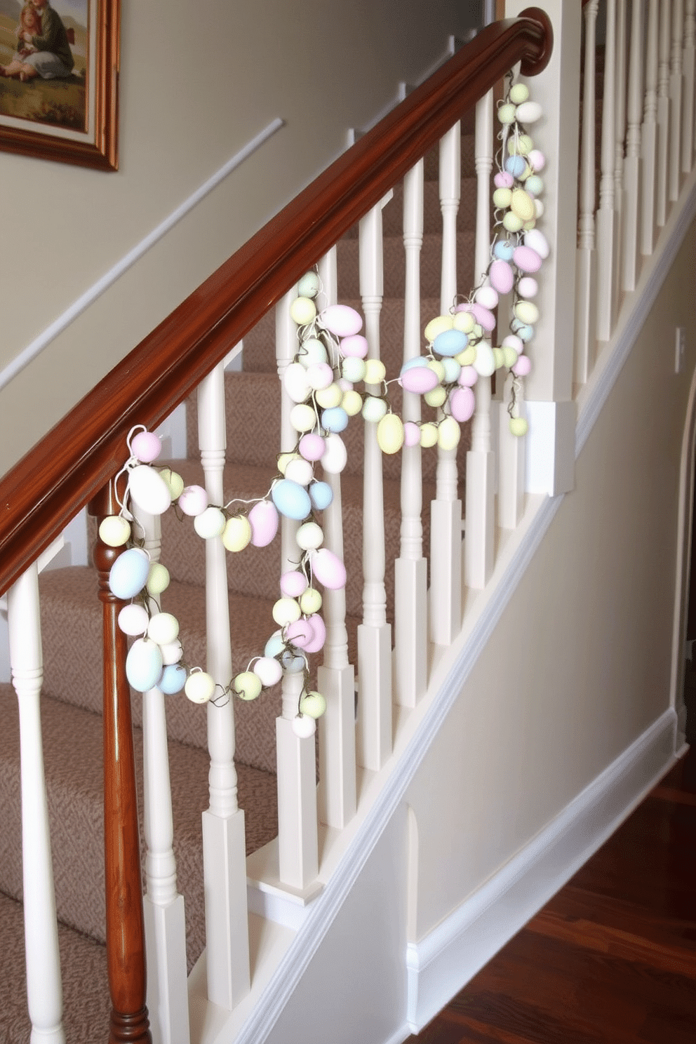 A charming staircase adorned with a pastel-colored egg garland drapes elegantly over the wooden railing. The garland features a mix of soft pinks, blues, and yellows, creating a whimsical touch that enhances the festive atmosphere of the home.