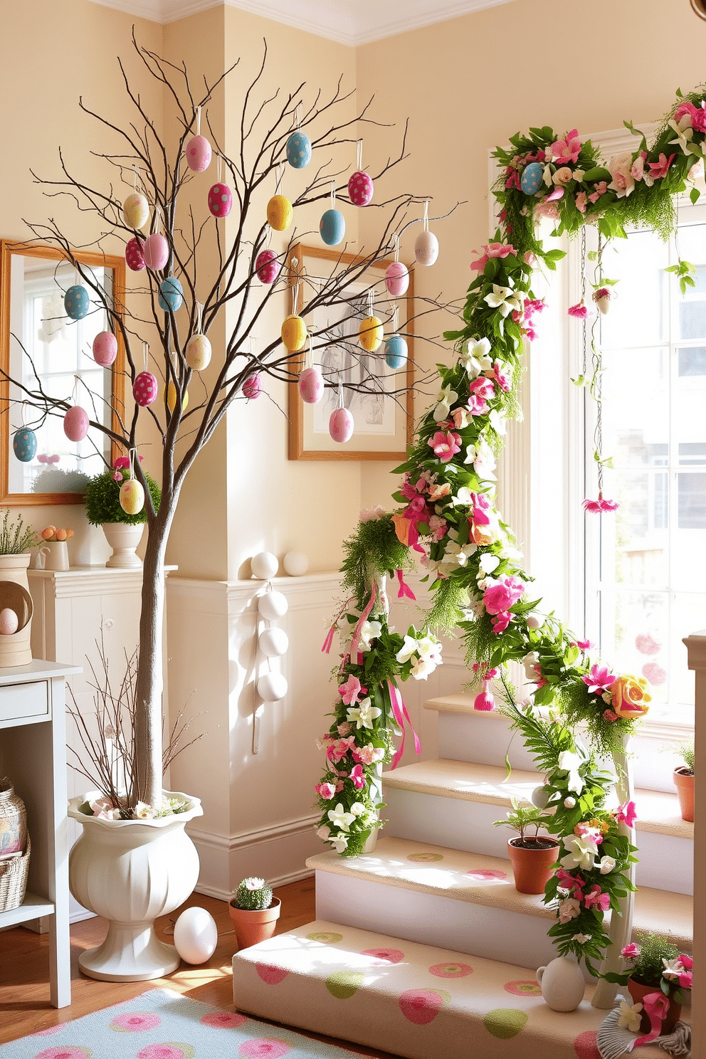 A whimsical decorative Easter egg tree adorned with colorful hand-painted eggs hangs gracefully from delicate branches. The tree is placed in a charming corner of a sunlit room, surrounded by pastel-colored decorations and a soft, floral-patterned rug. A beautifully decorated staircase features garlands of spring flowers intertwined with vibrant ribbons and Easter eggs. Each step is accented with small potted plants and handmade decorations, creating a festive and inviting atmosphere.