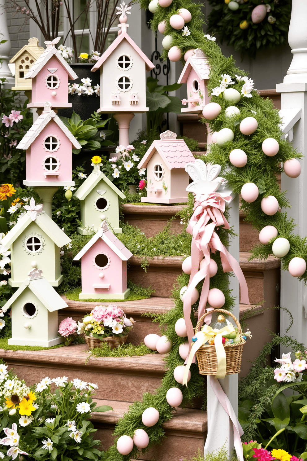 A whimsical collection of birdhouses painted in soft pastel colors, each uniquely designed with intricate details and charming embellishments. The birdhouses are arranged in a lush garden setting, surrounded by blooming flowers and greenery, creating a delightful scene that invites nature. A beautifully decorated staircase for Easter, adorned with garlands of pastel-colored eggs and fresh spring flowers. The steps are lined with decorative baskets filled with seasonal treats, and the handrail is wrapped in soft fabric ribbons, enhancing the festive atmosphere.