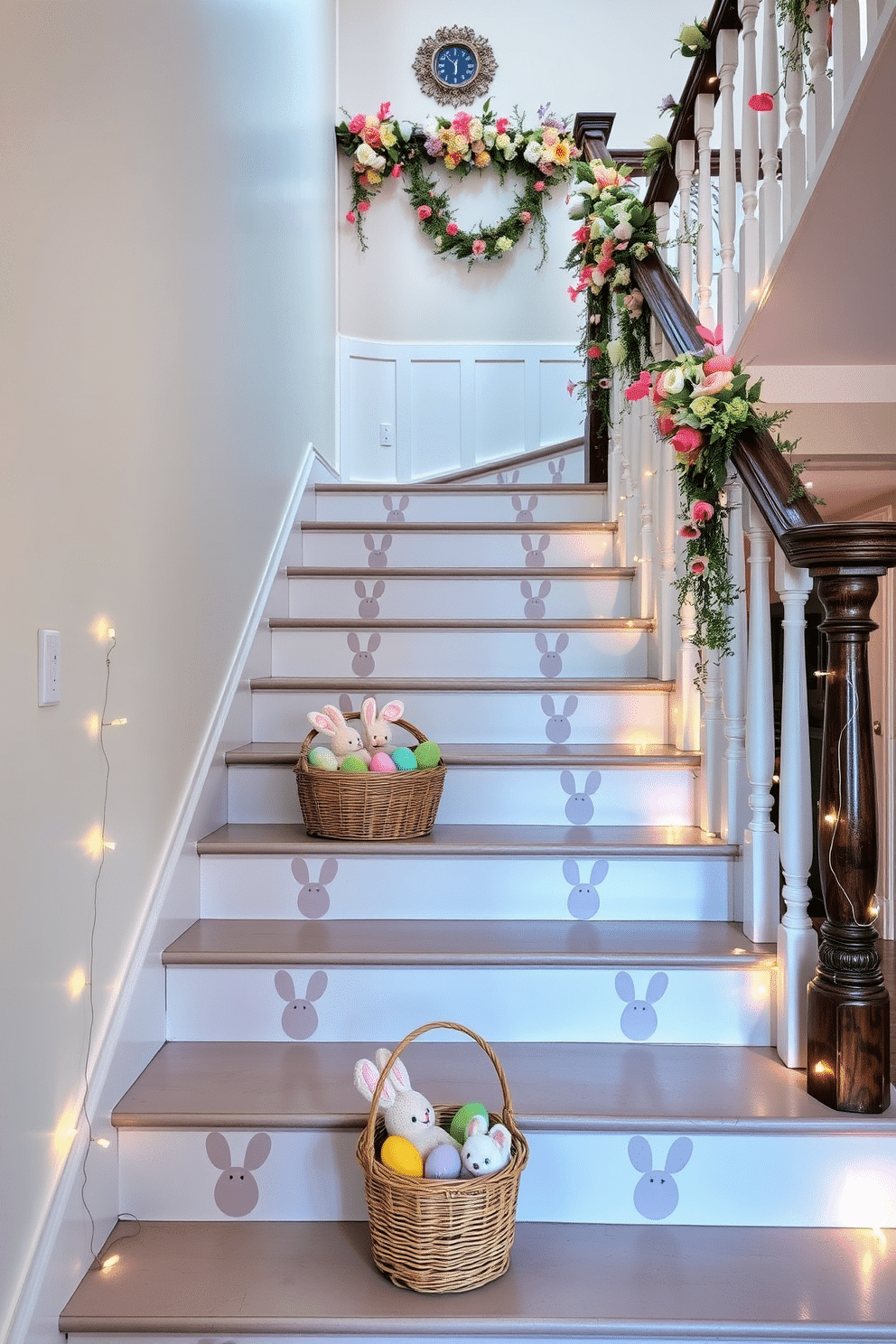 A whimsical staircase adorned with bunny footprints on the treads, leading up to a beautifully decorated landing. The walls are festively painted in pastel colors, and garlands of spring flowers drape elegantly along the banister. At the base of the staircase, a charming Easter basket filled with colorful eggs and soft plush bunnies sits invitingly. Delicate string lights twinkle along the steps, creating a warm and inviting atmosphere perfect for the holiday season.