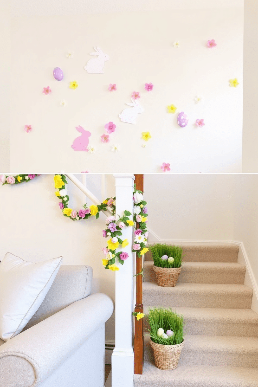 Easter-themed wall decals featuring pastel-colored eggs, bunnies, and spring flowers create a festive atmosphere in a living room. The decals are arranged playfully on a light-colored wall, complementing the soft furnishings and enhancing the cheerful vibe of the space. For staircase Easter decorating ideas, drape colorful garlands of faux flowers and eggs along the banister. Add decorative baskets filled with faux grass and Easter eggs on each step, creating a whimsical and inviting pathway that celebrates the holiday.