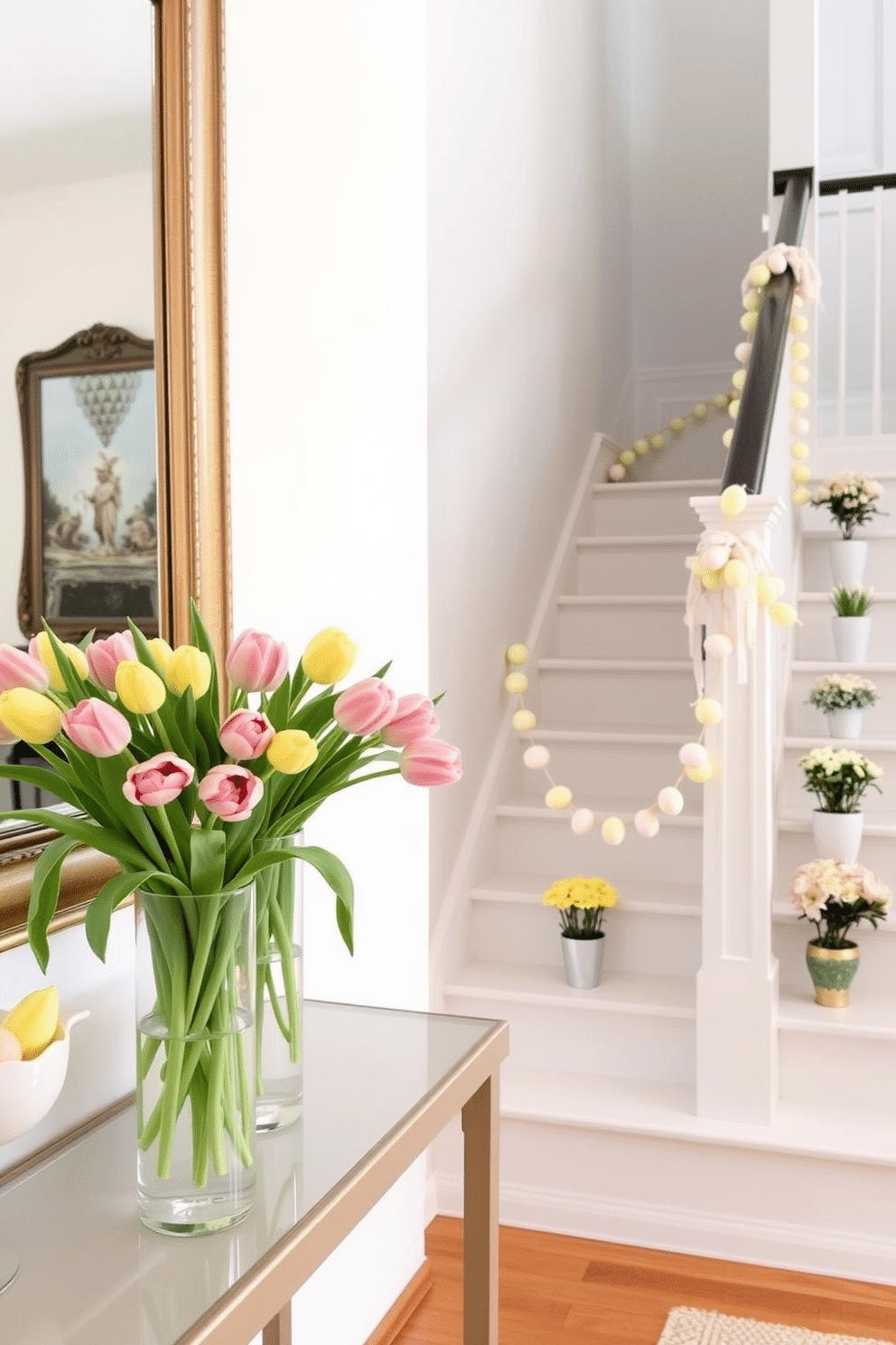 A bright and inviting entryway adorned with fresh tulips in elegant vases. The tulips, in shades of pink and yellow, are placed on a console table beneath a large mirror, enhancing the space's warmth and charm. A beautifully decorated staircase featuring Easter-themed accents. Delicate garlands of pastel-colored eggs drape along the banister, while small potted plants with seasonal blooms are positioned on each step, creating a festive atmosphere.