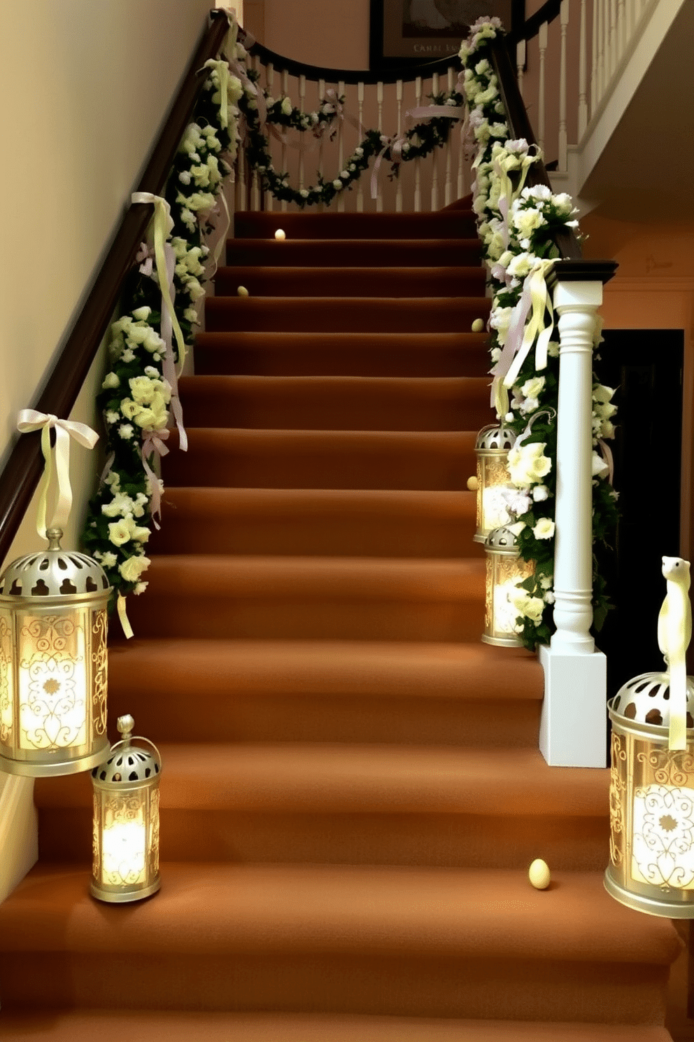 Easter-themed lanterns adorn the steps of a grand staircase, casting a warm glow as they lead up to a beautifully decorated landing. Each lantern features intricate floral designs, filled with soft pastel-colored candles that enhance the festive atmosphere. The staircase itself is draped with delicate garlands of spring flowers, intertwining with ribbons in shades of lavender and yellow. Along the railing, small decorative eggs are nestled among the greenery, adding a playful touch to the elegant decor.