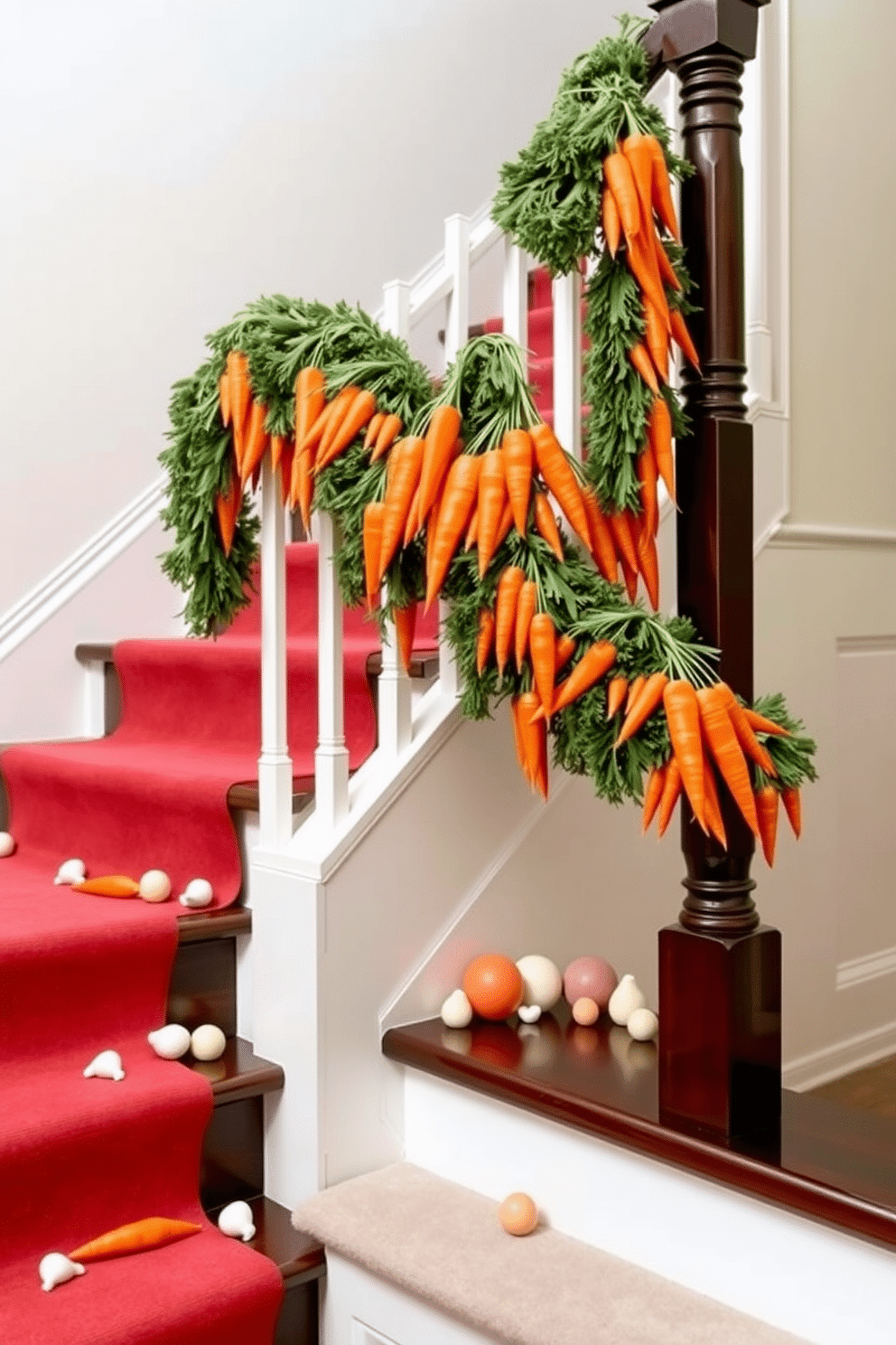 A charming staircase adorned with a vibrant carrot garland draped elegantly along the handrail. The garland features an array of colorful carrots, adding a festive touch to the space, complemented by soft pastel decorations scattered along the staircase steps.