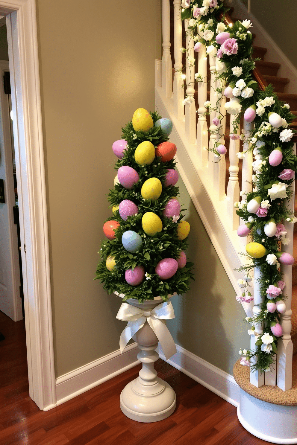 A whimsical Easter egg topiary stands elegantly in the corner, crafted from vibrant, painted eggs nestled among lush greenery. The base is adorned with a decorative ribbon, adding a festive touch to the cheerful arrangement. The staircase is beautifully decorated for Easter, featuring garlands of pastel-colored eggs and delicate flowers draped along the banister. Soft, twinkling lights illuminate the display, creating a warm and inviting atmosphere for guests.