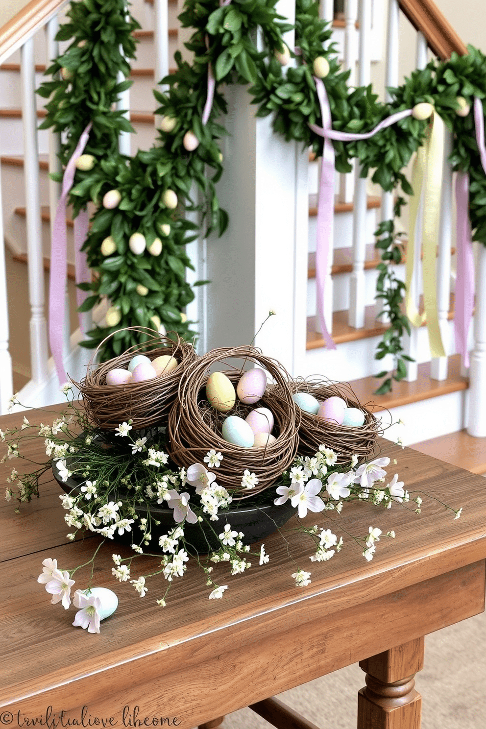 A charming display of decorative nests filled with pastel-colored eggs is arranged on a rustic wooden table. Surrounding the nests, delicate spring flowers in soft hues add a touch of freshness to the festive setting. The staircase is adorned with lush greenery and colorful garlands, creating a vibrant Easter atmosphere. Elegant ribbons cascade down the banister, complementing the seasonal decorations and inviting guests to admire the festive details.