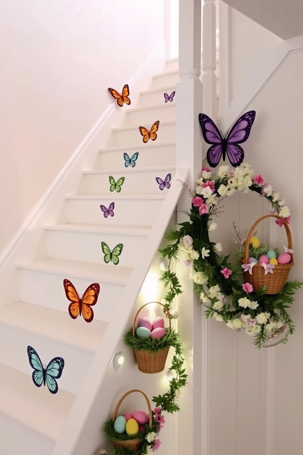 A whimsical staircase adorned with butterfly decals on the risers, each featuring vibrant colors that pop against the white wood of the stairs. The surrounding walls are painted a soft pastel hue, creating a cheerful and inviting atmosphere for Easter celebrations. Colorful Easter decorations are tastefully arranged along the staircase, including pastel-colored eggs nestled in decorative baskets and garlands of spring flowers. Soft lighting illuminates the space, enhancing the festive feel and drawing attention to the delightful details of the decor.