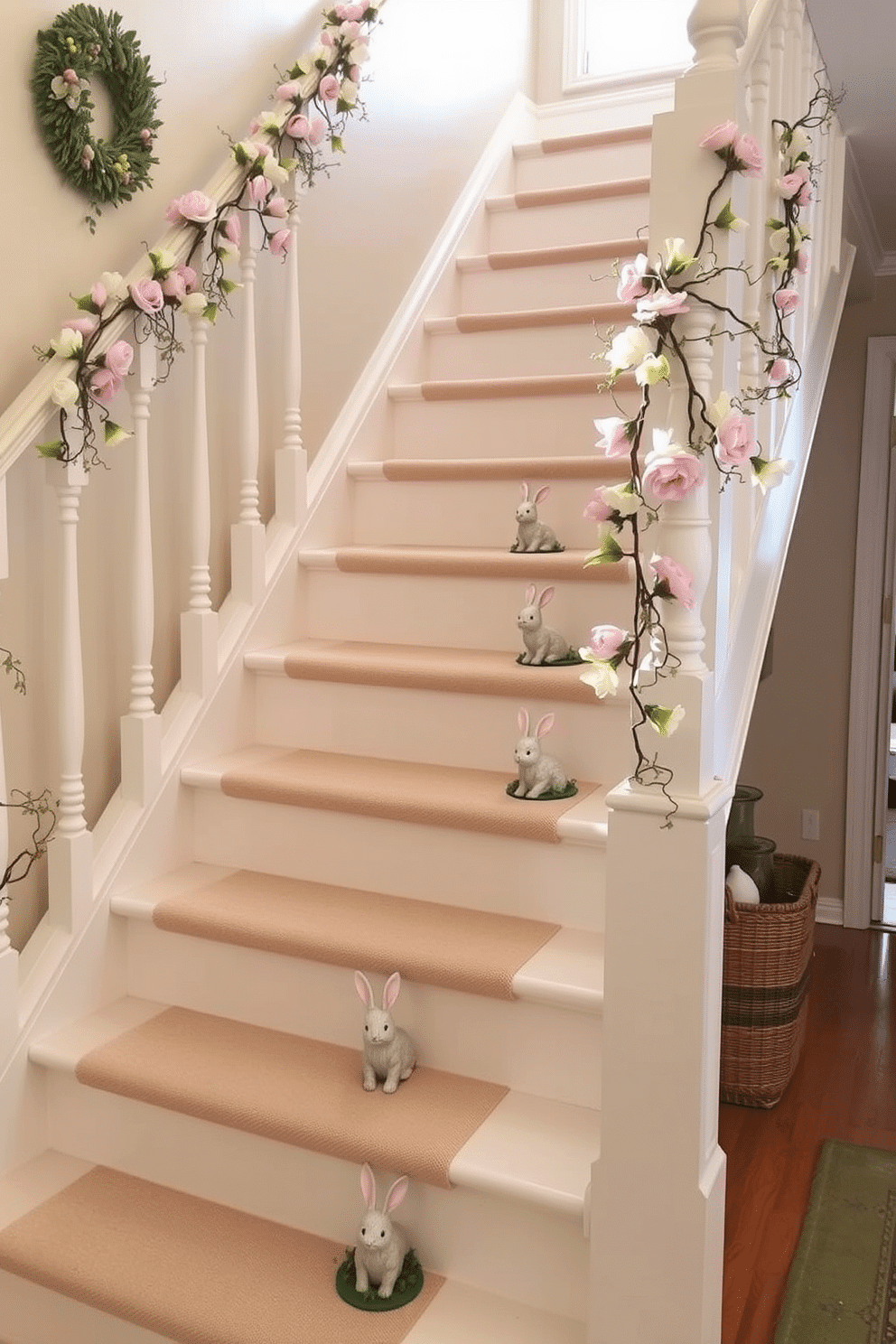 A charming staircase adorned for Easter, featuring bunny figurines placed on each step, adding a whimsical touch to the decor. The staircase is painted in a soft pastel color, with delicate garlands of spring flowers draping along the banister, enhancing the festive atmosphere.