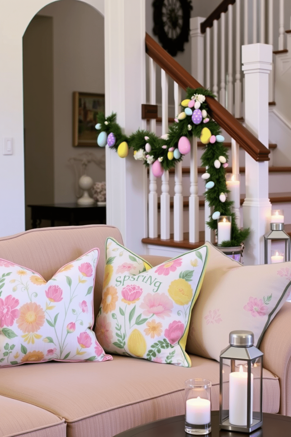 A vibrant collection of spring-themed throw pillows adorns a cozy sofa, featuring floral patterns in pastel shades of pink, yellow, and green. Each pillow adds a pop of color and texture, inviting warmth and cheerfulness to the living room. The staircase is elegantly decorated for Easter, showcasing a garland of colorful eggs and spring flowers draped along the banister. Delicate lanterns with soft candlelight are placed on each step, creating a warm and inviting atmosphere for guests.