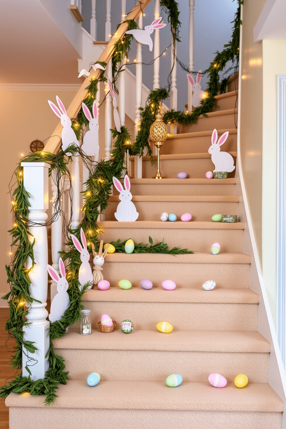 A whimsical staircase adorned with Easter bunny cutouts in pastel colors. The bunnies are playfully arranged along the railing, while colorful eggs are scattered on the steps, creating a festive and inviting atmosphere. Soft, flowing garlands of greenery intertwine with the decorations, enhancing the cheerful vibe. The staircase is illuminated by warm fairy lights, adding a magical touch to the Easter celebration.