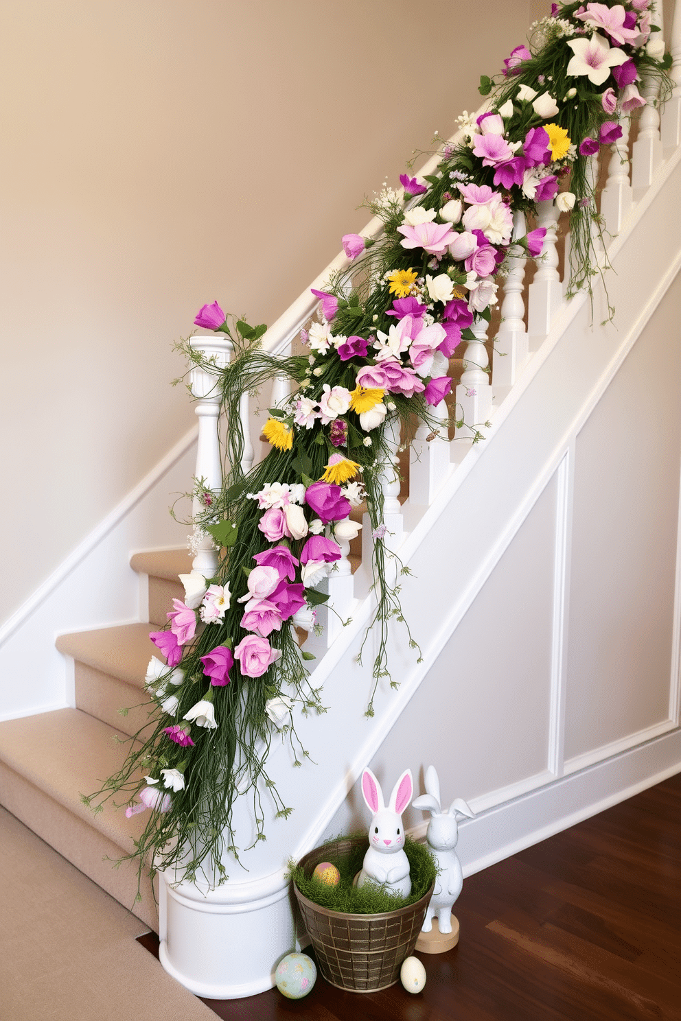 A beautifully decorated staircase featuring a floral-wrapped banister, adorned with an array of vibrant spring flowers in pastel hues. The banister is intertwined with delicate greenery, creating a fresh and inviting atmosphere that enhances the elegance of the staircase. The staircase is complemented by a soft, neutral runner that adds warmth and texture underfoot. At the base, a charming display of Easter-themed decorations, such as painted eggs and whimsical bunnies, adds a festive touch to the overall design.