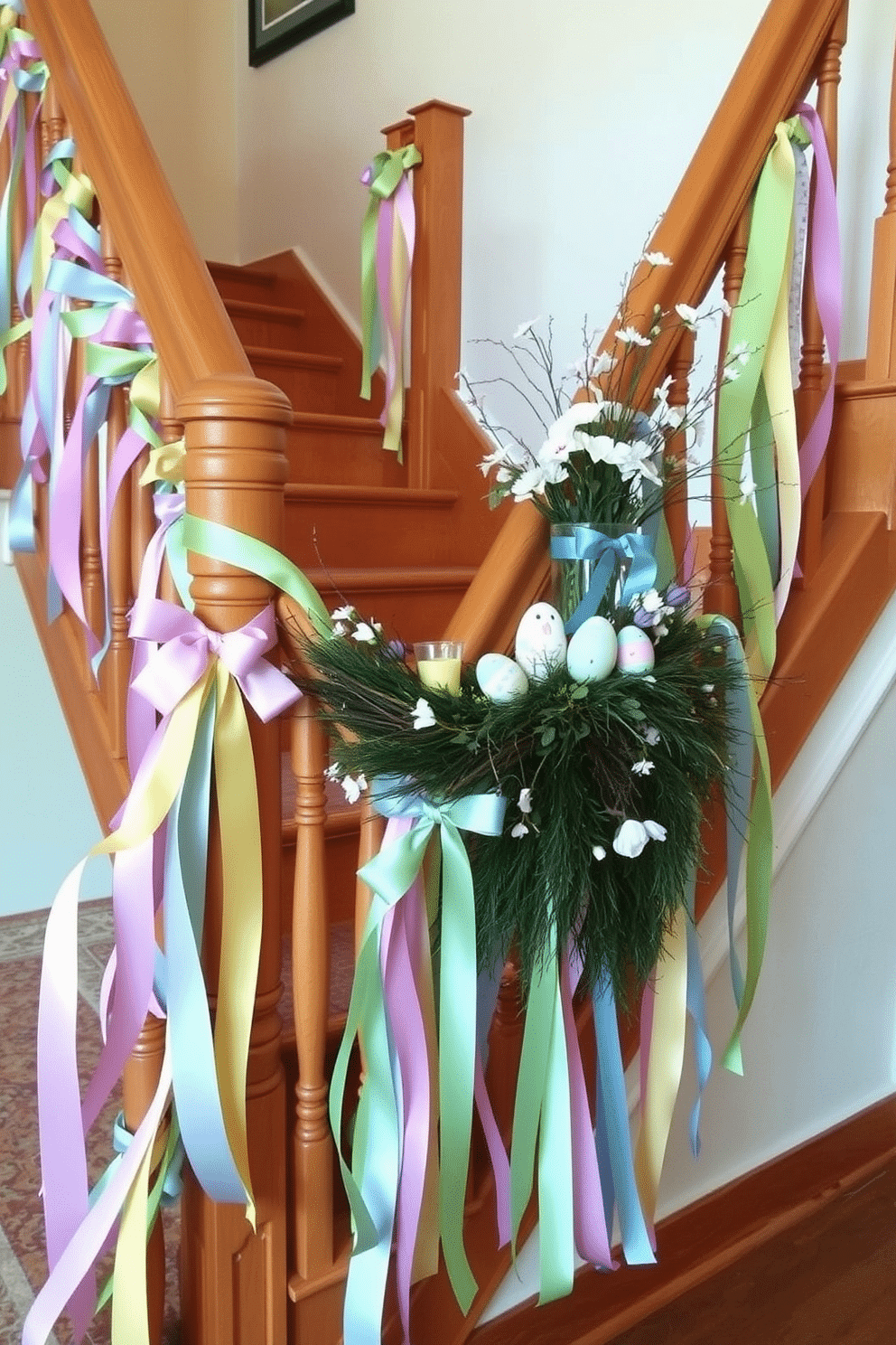 A whimsical staircase adorned with colorful ribbons wrapped around the spindles, creating a festive atmosphere. The ribbons in pastel hues cascade down, complementing the natural wood of the staircase and adding a playful touch to the entryway. Easter decorations are tastefully arranged on the staircase, featuring delicate floral arrangements and painted eggs nestled among the ribbons. Soft, ambient lighting highlights the vibrant colors, inviting guests to enjoy the cheerful holiday spirit.