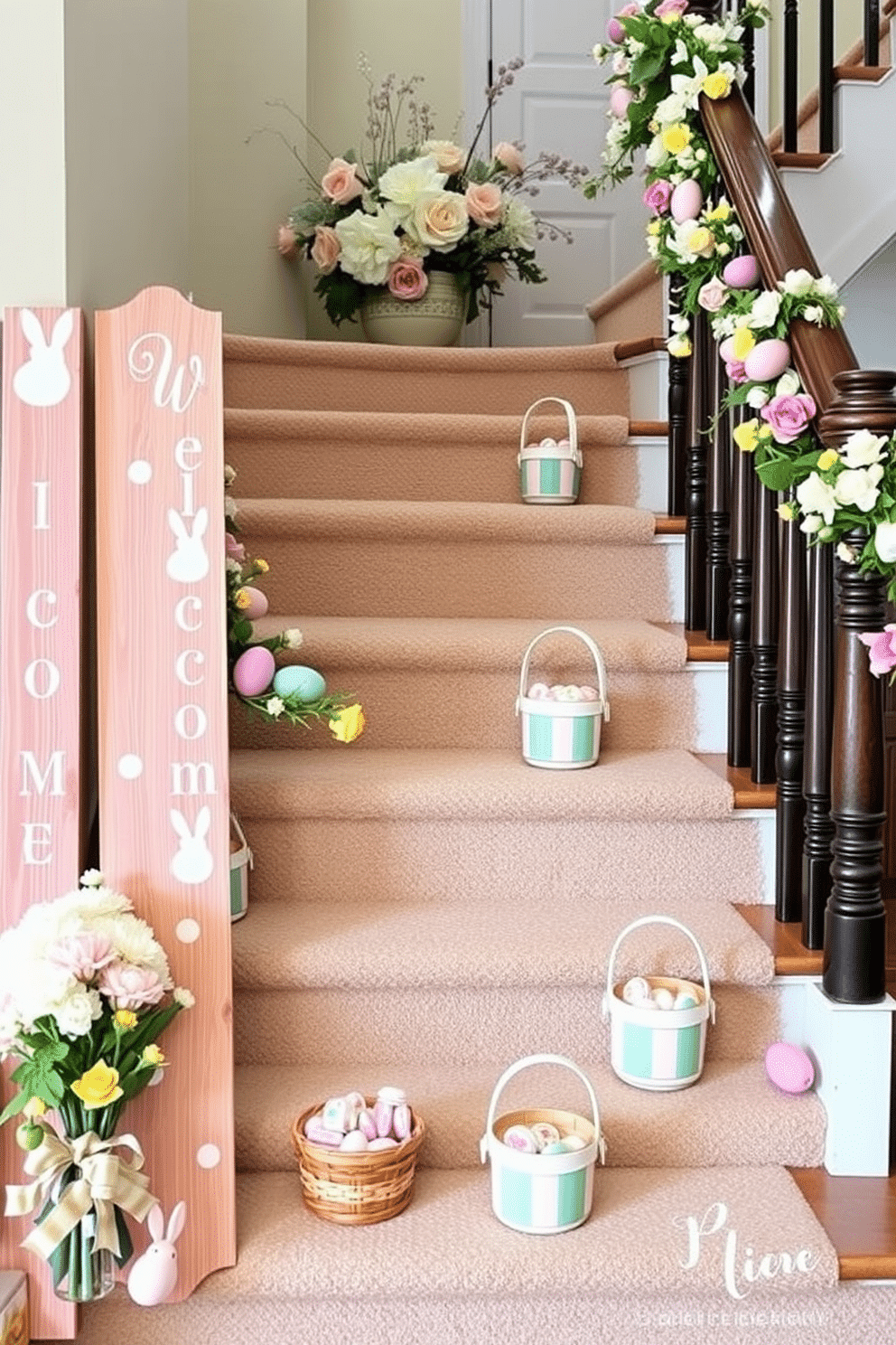 Easter-themed welcome sign. A charming wooden sign painted in pastel colors reads 