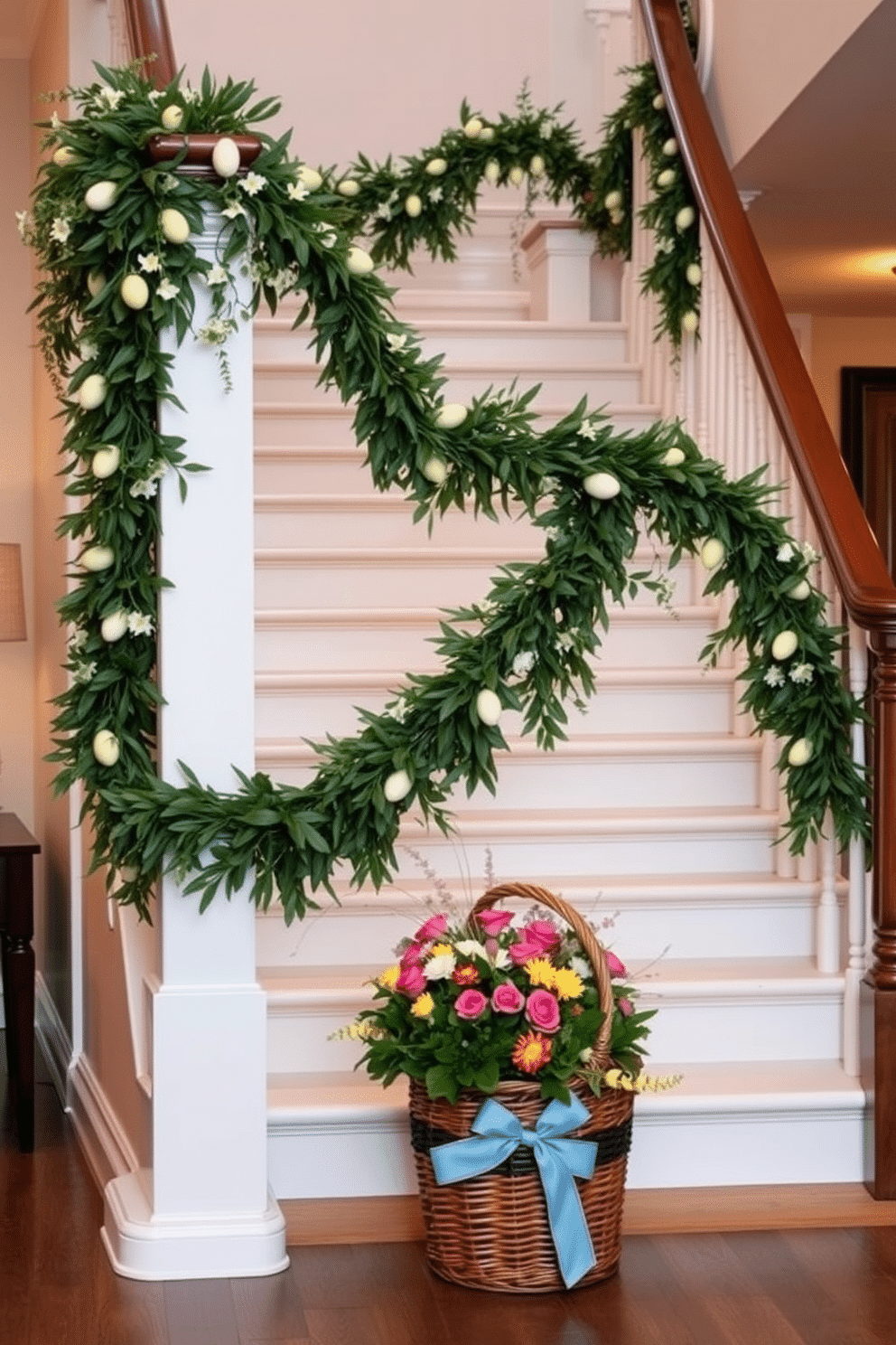 A stunning staircase adorned with a fresh greenery garland, draping elegantly along the banister. The garland is interspersed with delicate white flowers and pastel-colored Easter eggs for a festive touch. The staircase is illuminated by soft, warm lighting that highlights the natural beauty of the greenery. A decorative basket filled with vibrant blooms sits at the base of the stairs, enhancing the cheerful atmosphere.