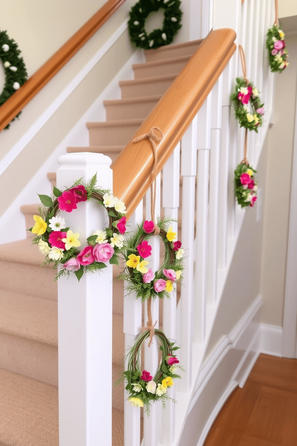 Create a charming staircase adorned with miniature spring wreaths, each featuring vibrant blooms and delicate greenery. The wreaths are hung at various heights along the railing, creating a whimsical and festive atmosphere for Easter celebrations.