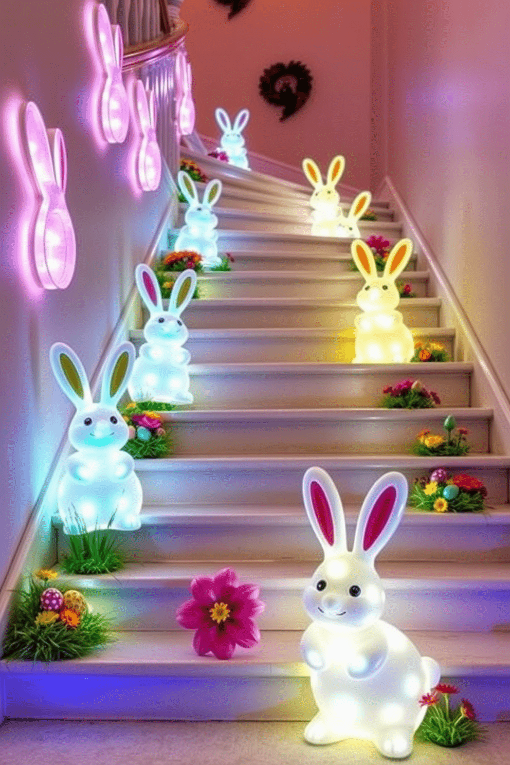 A whimsical staircase adorned with bunny-shaped lights that twinkle softly in pastel colors. The steps are lined with vibrant Easter decorations, including colorful eggs and spring flowers, creating a cheerful and festive atmosphere.