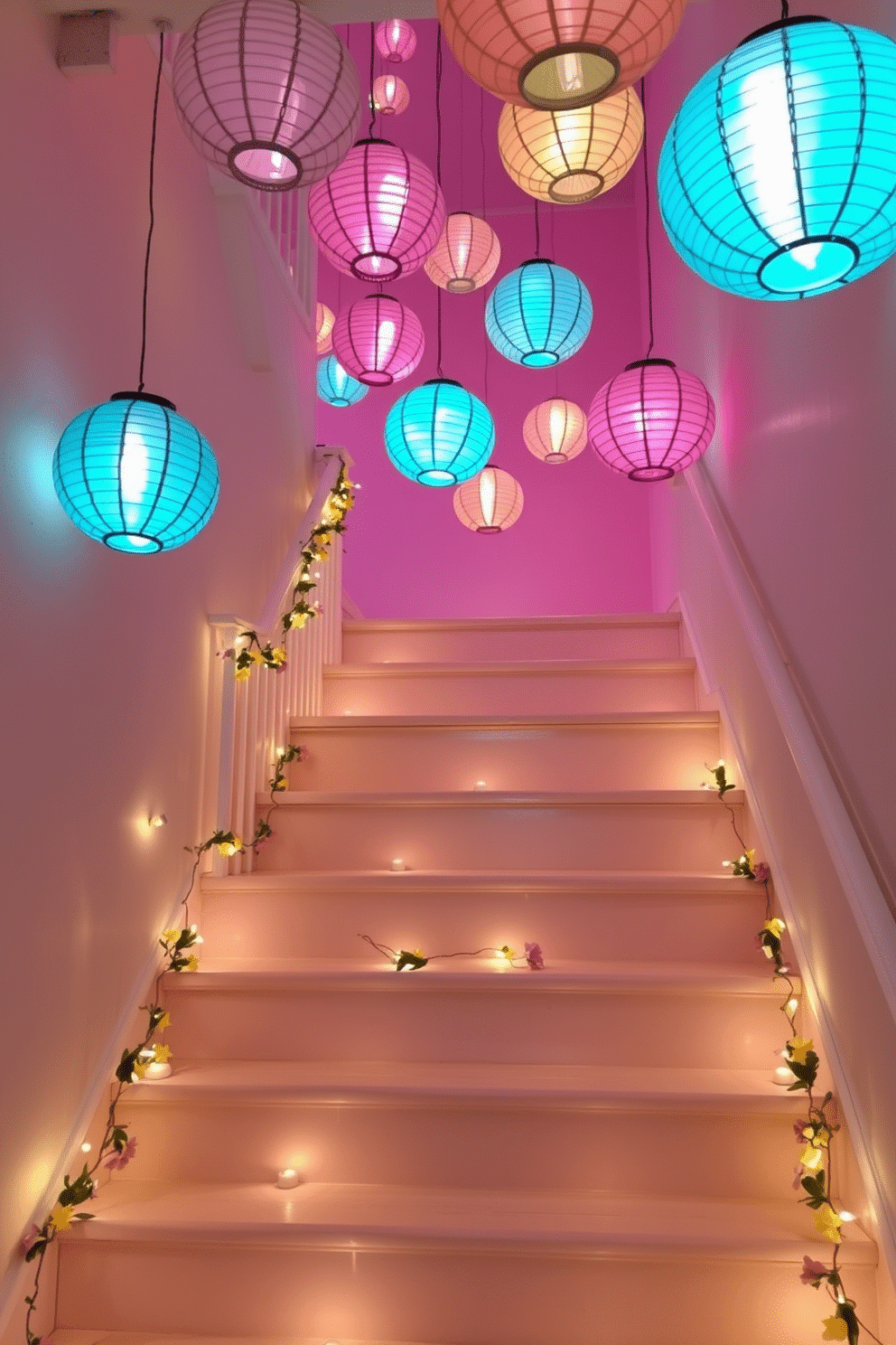 A whimsical staircase adorned with pastel paper lanterns hanging at varying heights, casting a soft, colorful glow. The steps are decorated with a light garland of spring flowers, creating a festive atmosphere for Easter celebrations.