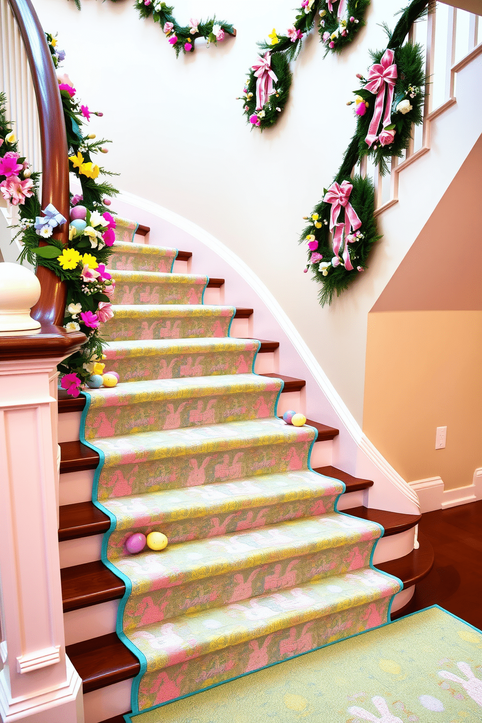 A vibrant Easter-themed stair runner adorned with pastel colors and playful patterns, featuring bunnies and eggs, gracefully wraps around the staircase. The runner complements the surrounding decor, which includes garlands of spring flowers and decorative Easter eggs placed strategically on the steps. For a festive staircase, consider incorporating colorful wreaths on the banister, adorned with ribbons and faux flowers, to enhance the Easter spirit. Soft, ambient lighting highlights the cheerful decorations, creating a warm and inviting atmosphere for guests.