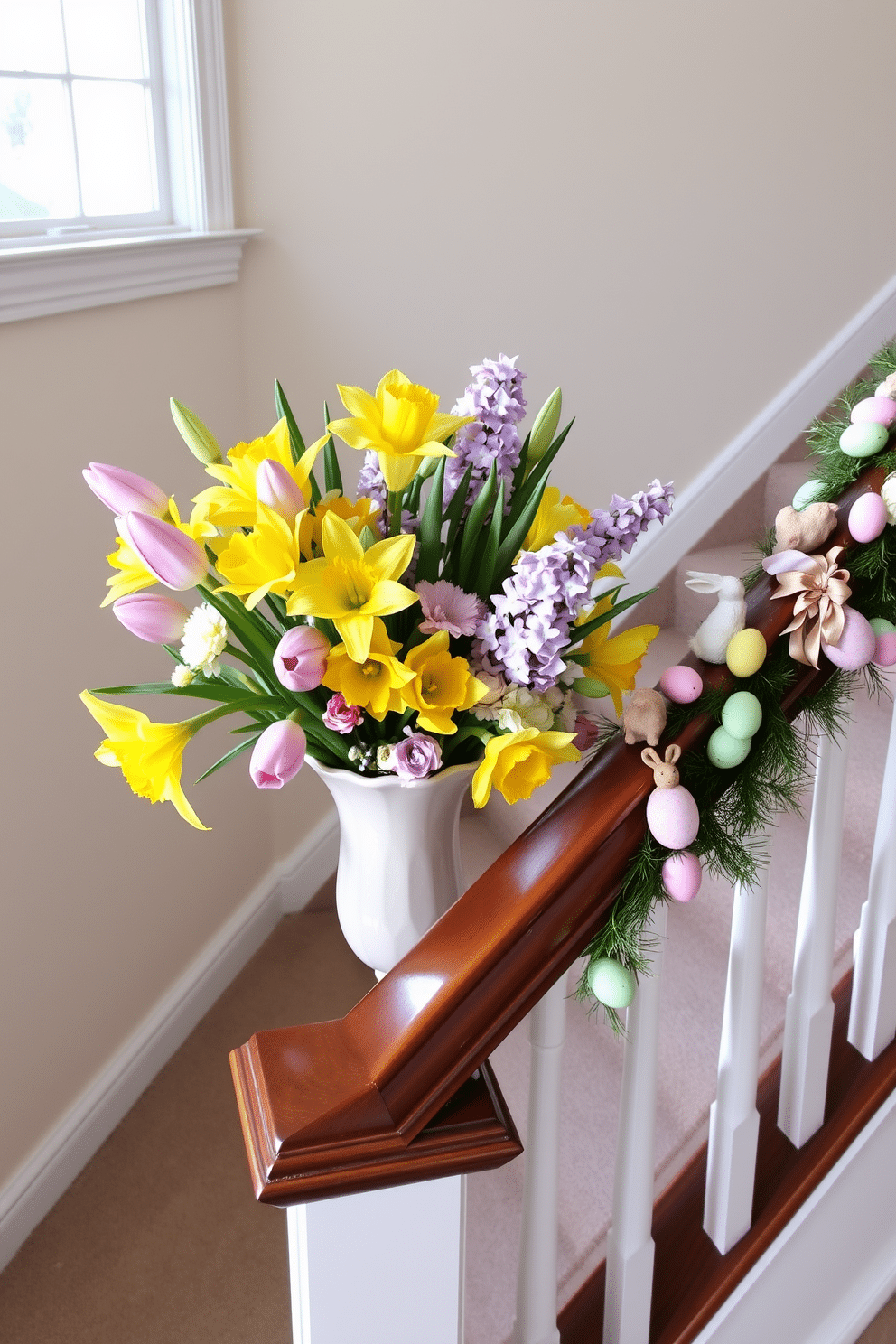 A vibrant spring flower bouquet is elegantly arranged in a decorative vase on the landing, showcasing a mix of tulips, daffodils, and hyacinths in bright pastel colors. The bouquet is complemented by soft, natural light streaming in from a nearby window, enhancing the cheerful atmosphere of the space. The staircase is adorned with tasteful Easter decorations, featuring garlands of faux flowers and pastel-colored eggs draped along the banister. Subtle touches of greenery and small decorative bunnies are strategically placed to create a festive yet sophisticated look.