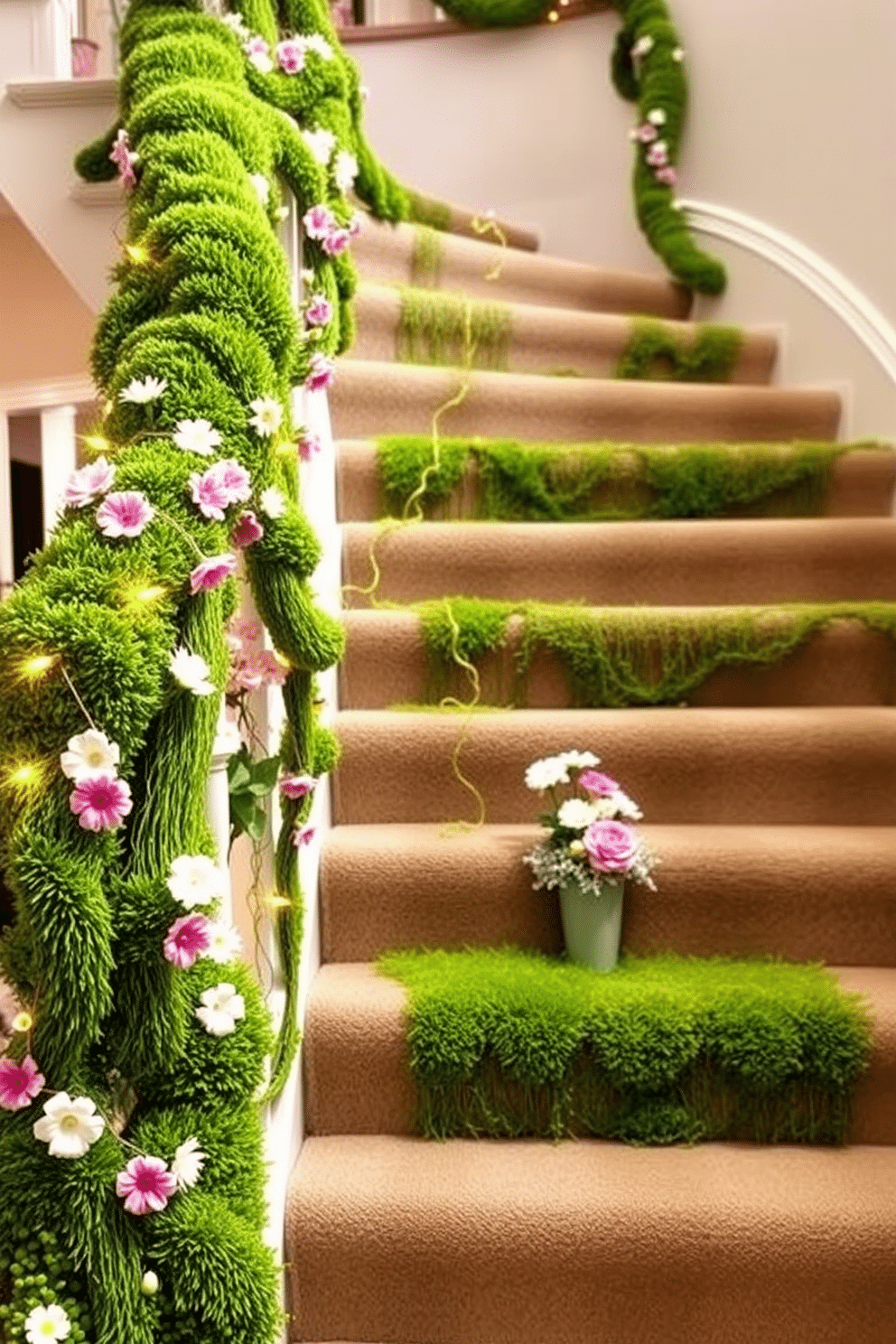 A whimsical staircase adorned with decorative moss and vibrant flowers. The lush green moss cascades down the banister, intertwined with colorful blooms, creating a lively and inviting atmosphere. Delicate pastel flowers are arranged in small vases along the steps, adding a touch of spring elegance. Twinkling fairy lights are draped alongside the moss, enhancing the festive charm of the Easter decor.