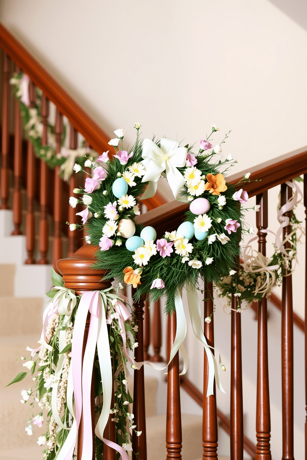 A vibrant Easter wreath adorned with pastel-colored eggs and fresh spring flowers is elegantly displayed on the banister. The surrounding staircase is decorated with cascading ribbons and delicate garlands, creating a festive and inviting atmosphere for the holiday.