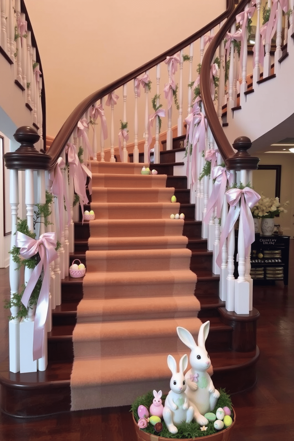 A grand staircase features elegantly designed ribbon-wrapped spindles that add a touch of festivity and sophistication. The stair treads are adorned with pastel-colored Easter decorations, including floral arrangements and decorative eggs, creating a warm and inviting atmosphere. The staircase is illuminated by soft, ambient lighting that highlights the intricate details of the ribbon-wrapped spindles. At the base of the stairs, a beautifully arranged Easter display with bunnies and spring flowers enhances the cheerful theme.