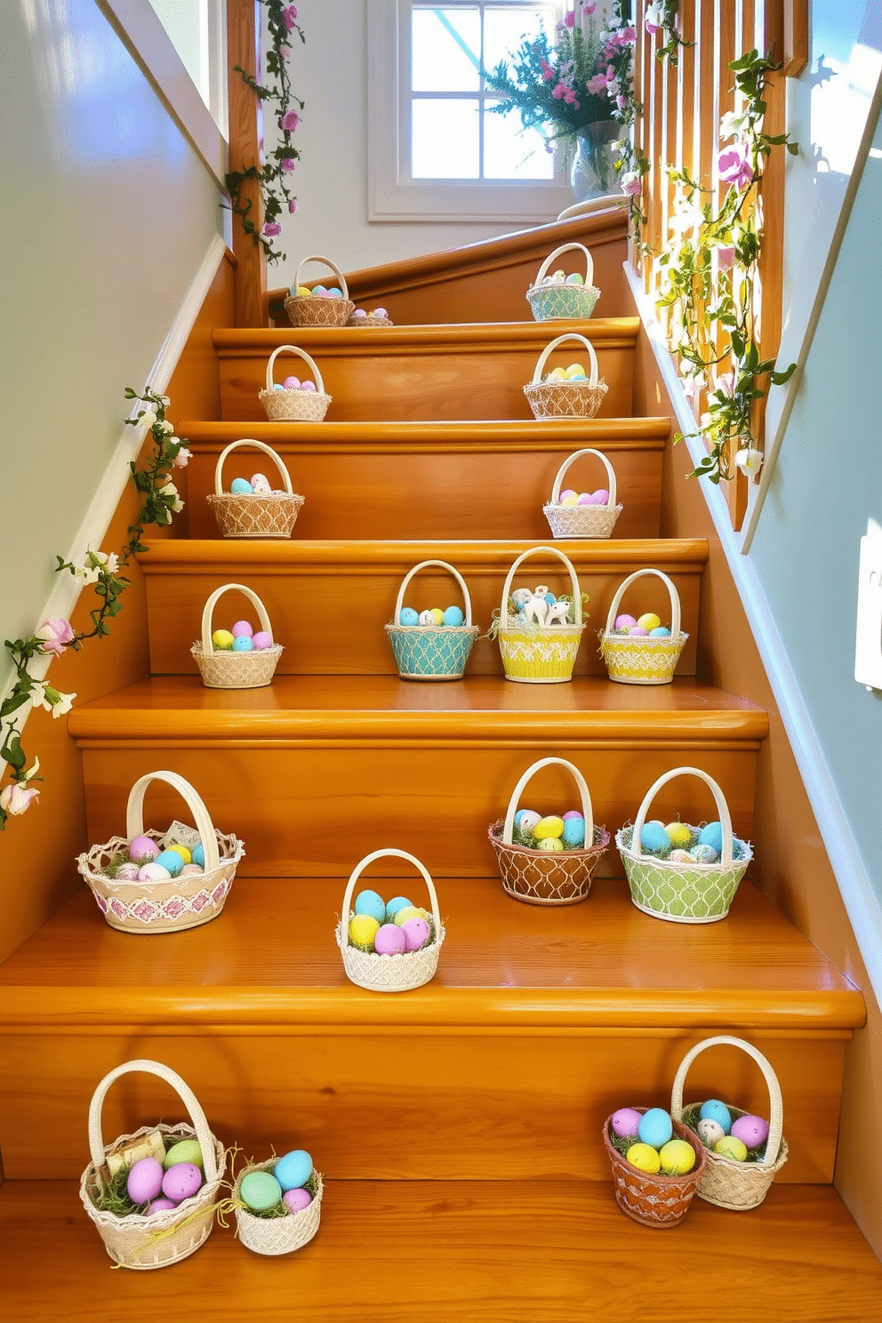 Mini Easter baskets are arranged on each step of a beautifully crafted wooden staircase, featuring a mix of pastel colors and intricate designs. Each basket is filled with colorful eggs and small decorative items, creating a cheerful and festive atmosphere. The staircase is adorned with delicate garlands of spring flowers, enhancing the seasonal charm. Soft, natural light filters through nearby windows, illuminating the vibrant decorations and inviting warmth into the space.